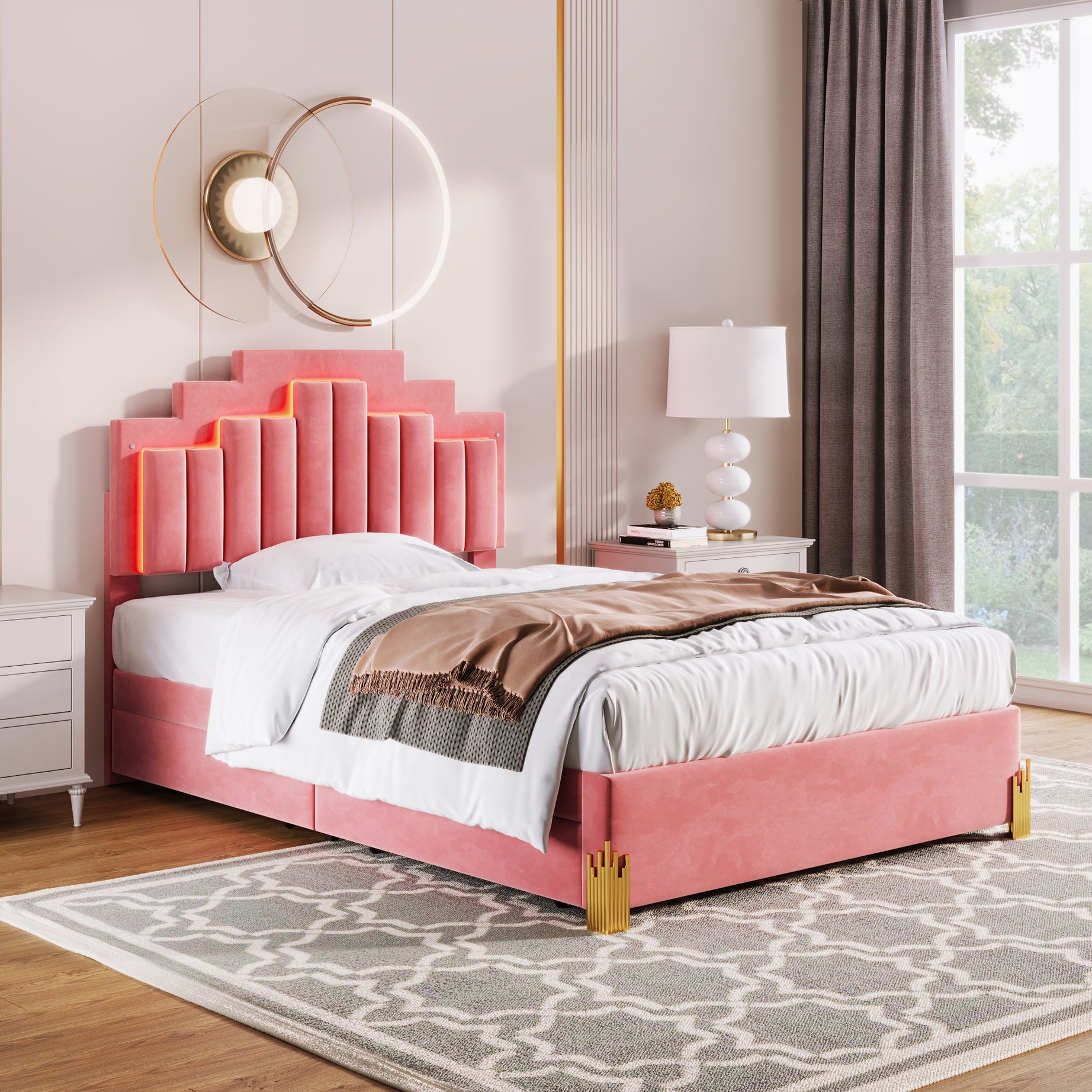 Full Size Upholstered Platform Bed with LED Lights and 4 Drawers, Stylish Irregular Metal Bed Legs Design, Pink--1