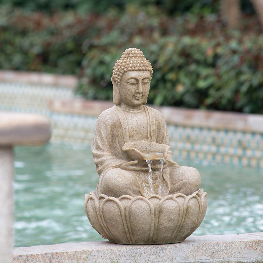 22 inches Sandstone Water Fountain Buddha Design Water Feature for Lawn & Garden Outdoor Indoor Tabletop--1