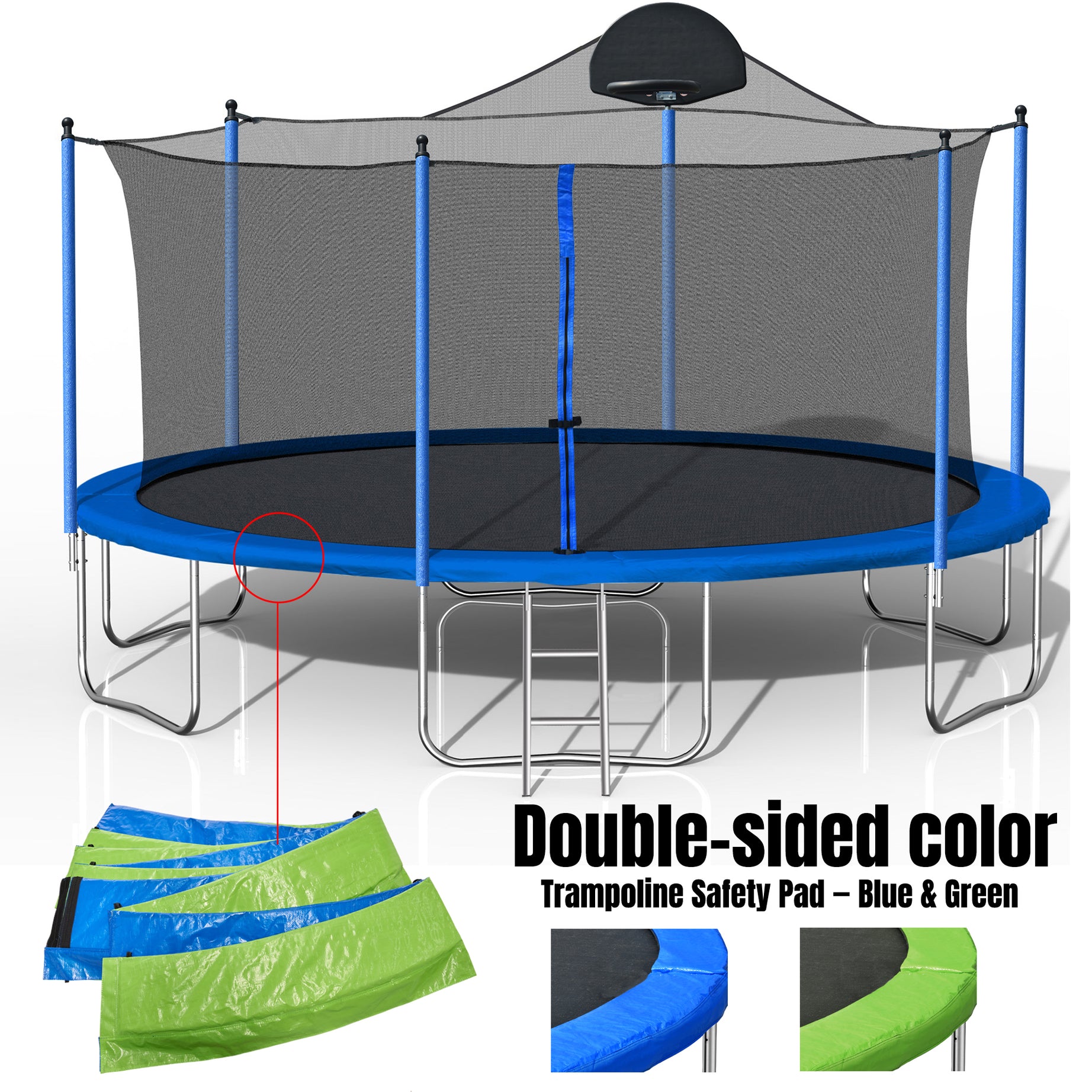 14FT Trampoline for Adults & Kids with Basketball Hoop, Outdoor Trampolines w/Ladder and Safety Enclosure Net for Kids and Adults,Double-side Color cover--1