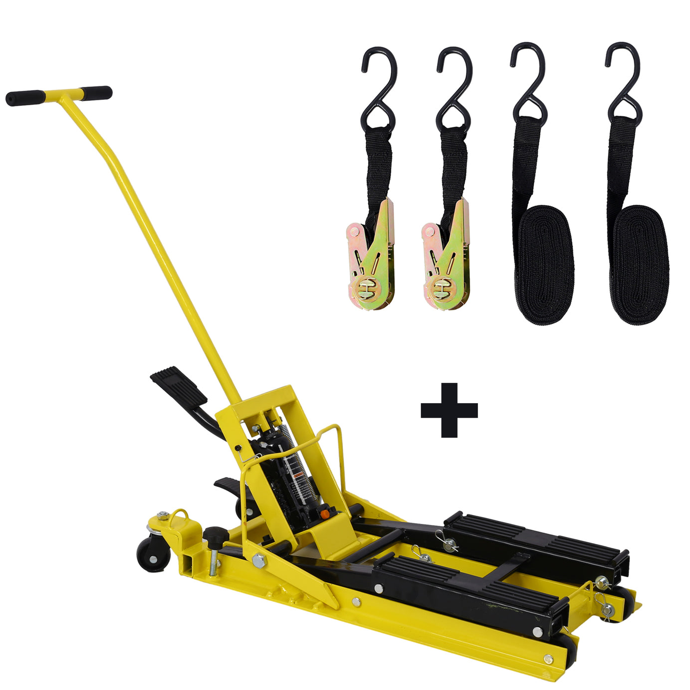 Hydraulic Motorcycle Lift Jack, 1500 LBS Capacity ATV Scissor Lift Jack, Portable Motorcycle Lift Table with 4 Wheels, Hydraulic Foot-Operated Hoist Stand with tie down yellow--1