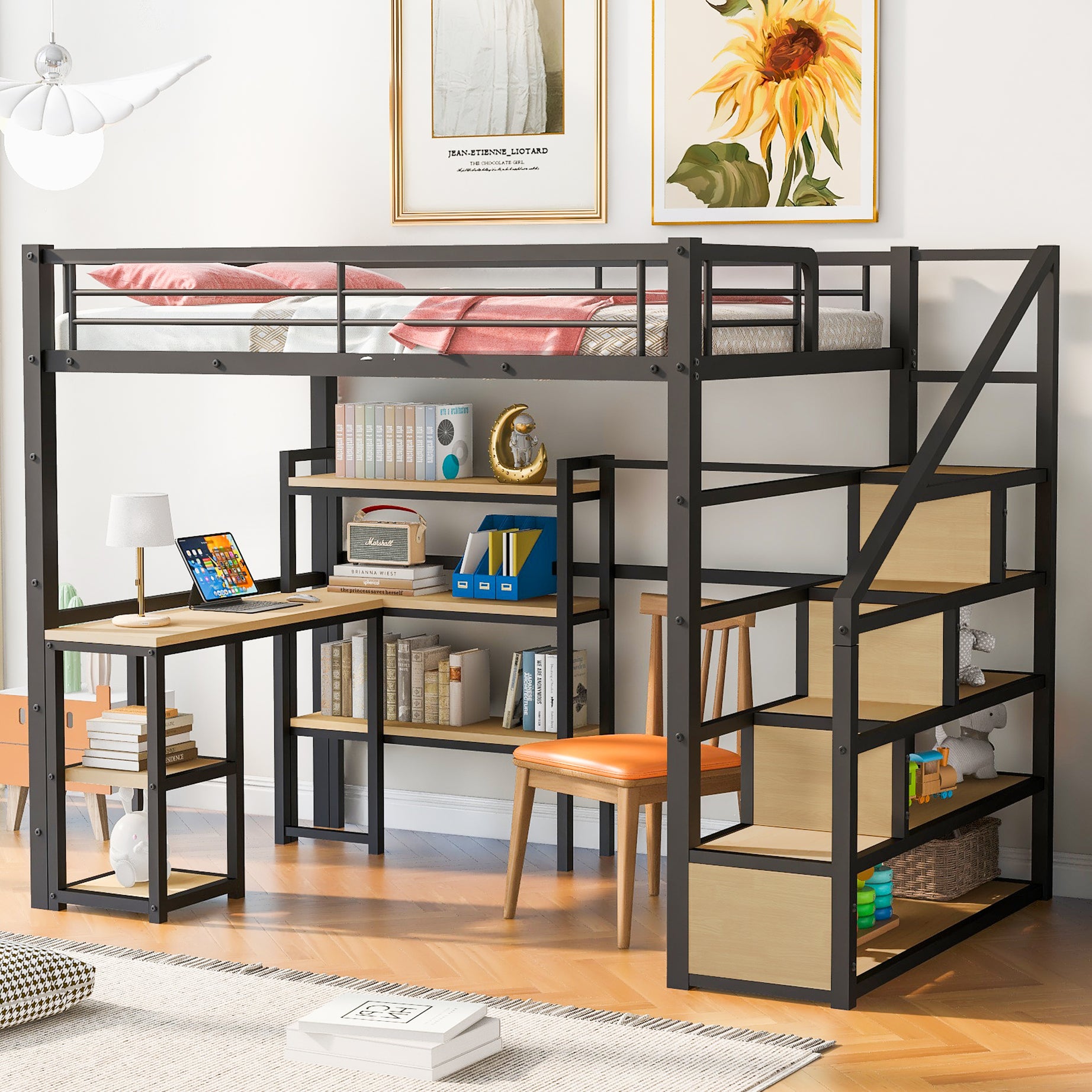 Full Size Metal Loft bed with Staircase, Built-in Desk and Shelves, Black--1