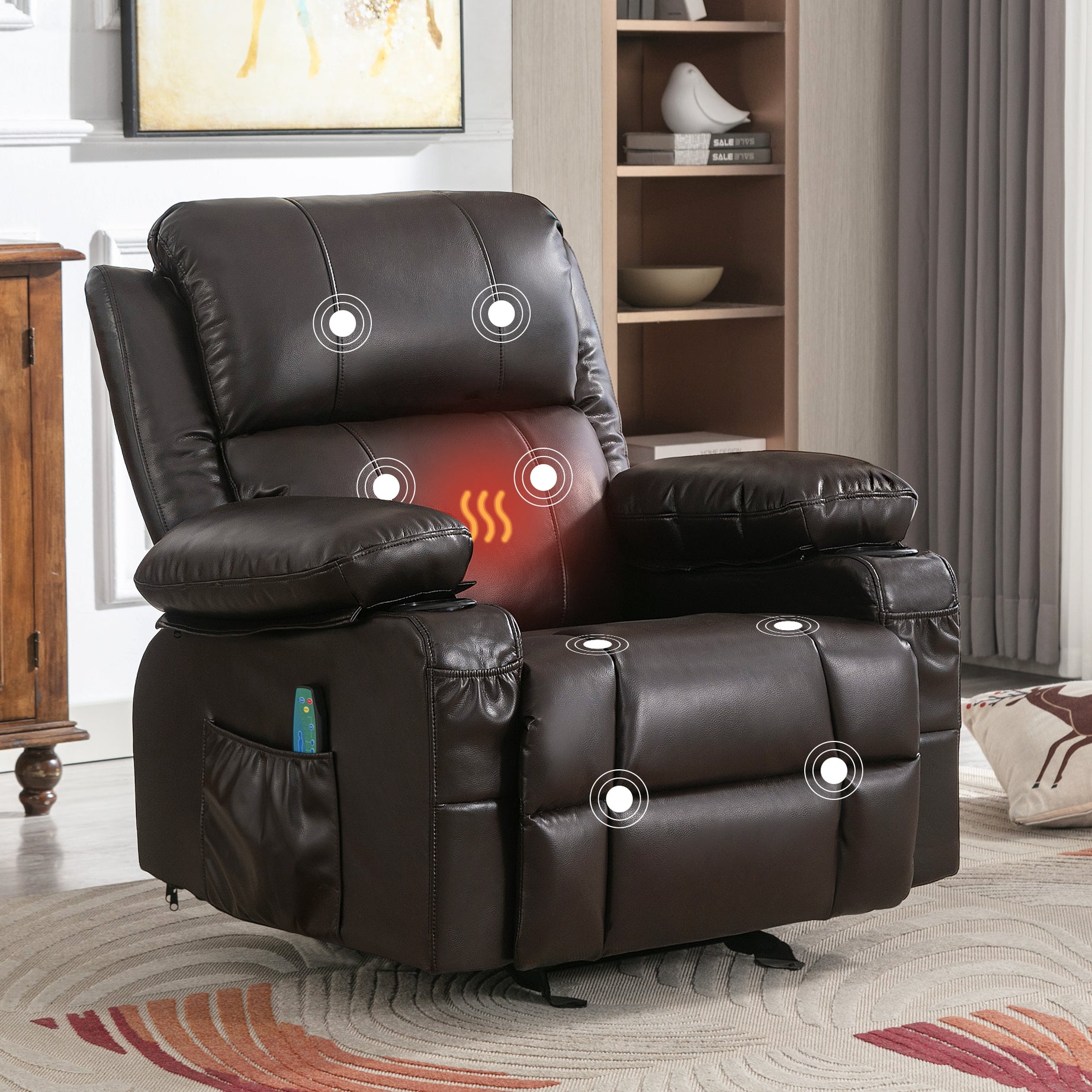 Vanbow.Recliner Chair Rocking Chairs for Adults with 2 Cup Holders, USB Charge Port Soft Features a Manual Massage and Heat.BROWN--1