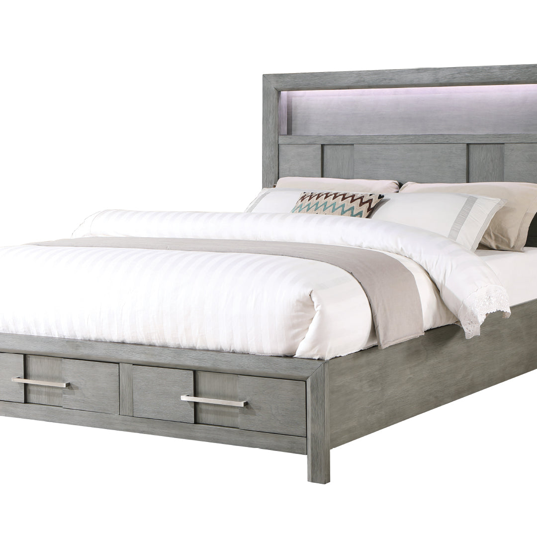 Kenzo Modern Style King Bed Made with Wood & LED Headboard with bookshelf in Gray--1