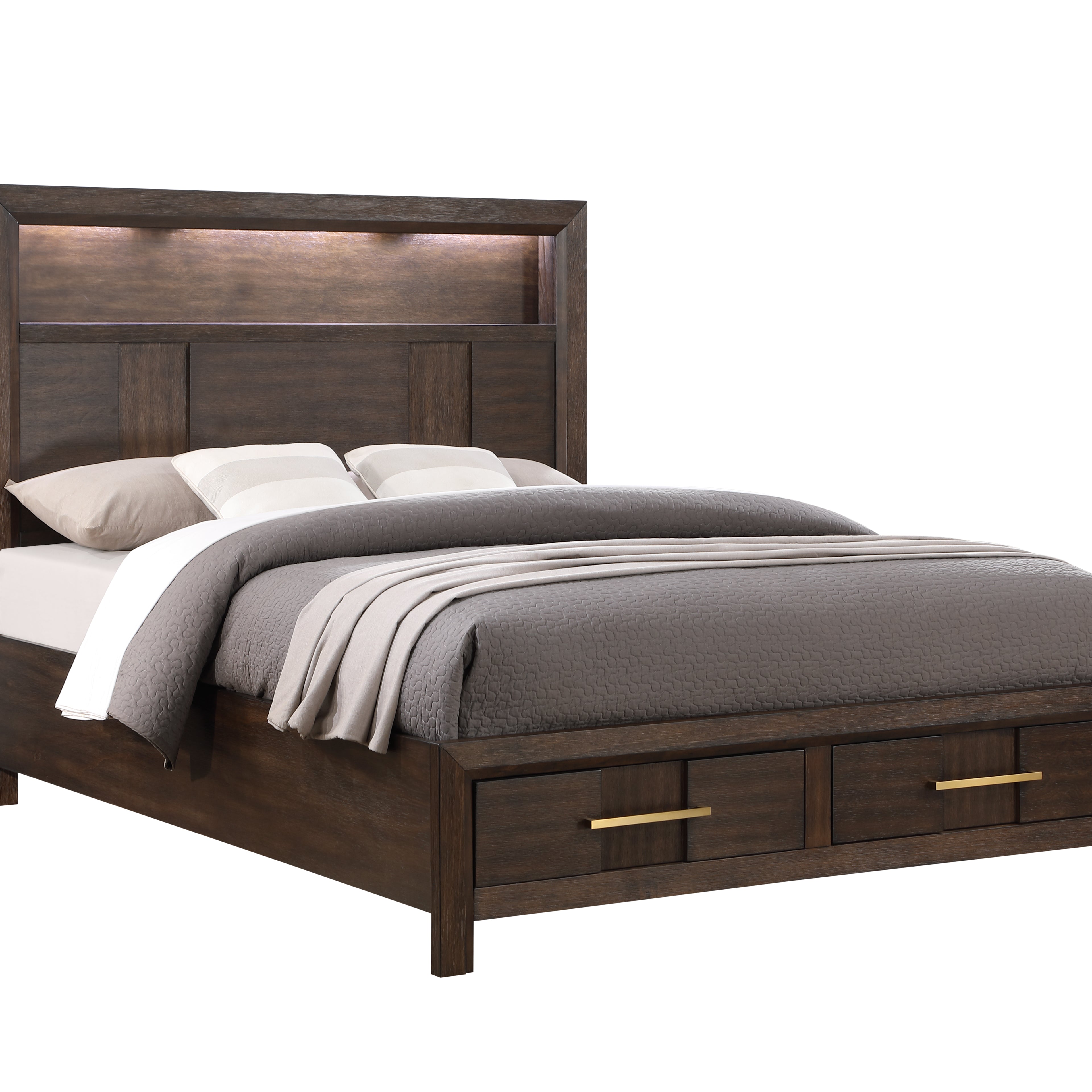 Kenzo Modern Style King Bed Made with Wood & LED Headboard with bookshelf in Walnut--1