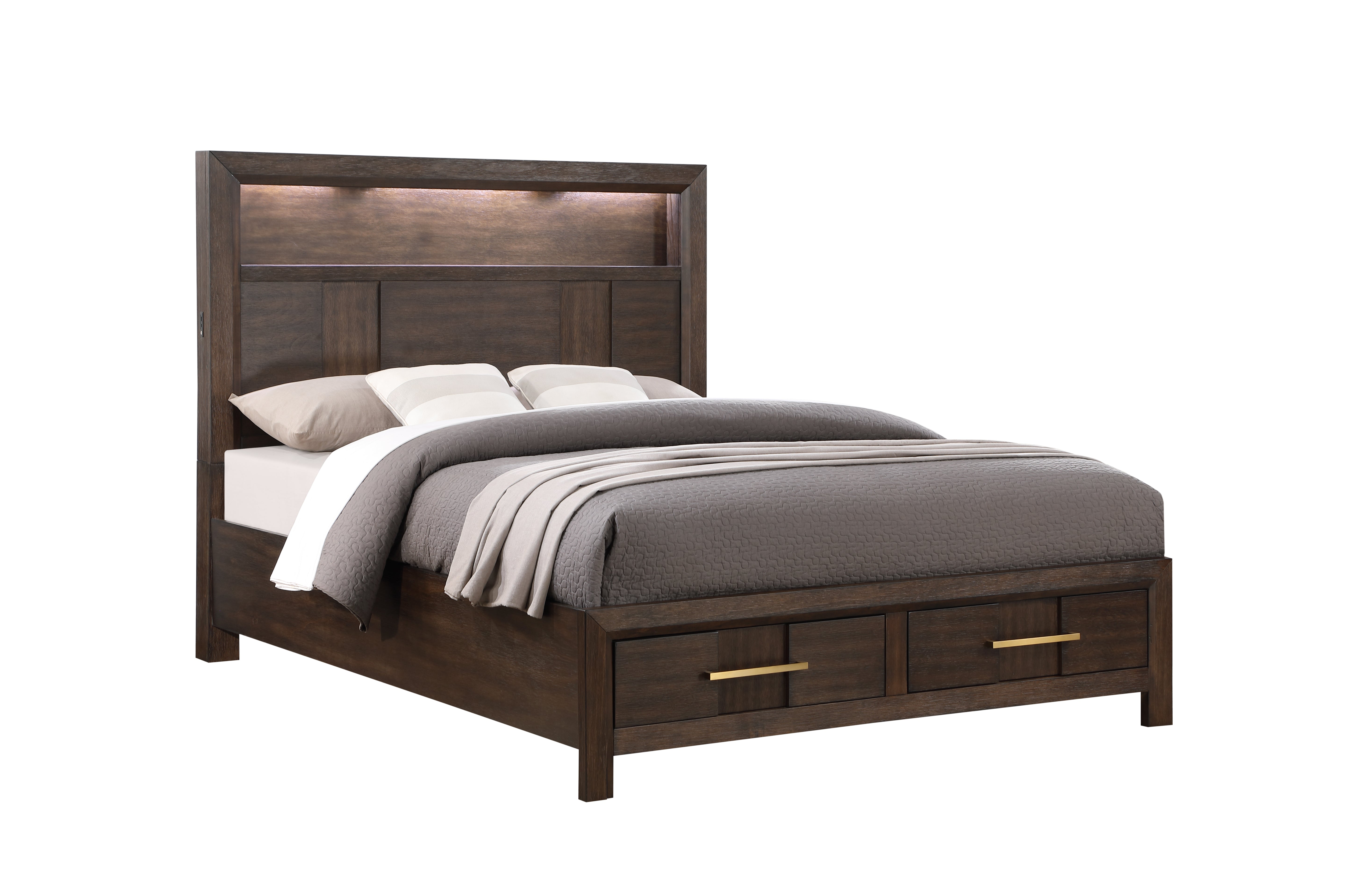 Kenzo Modern Style King Bed Made with Wood & LED Headboard with bookshelf in Walnut--1