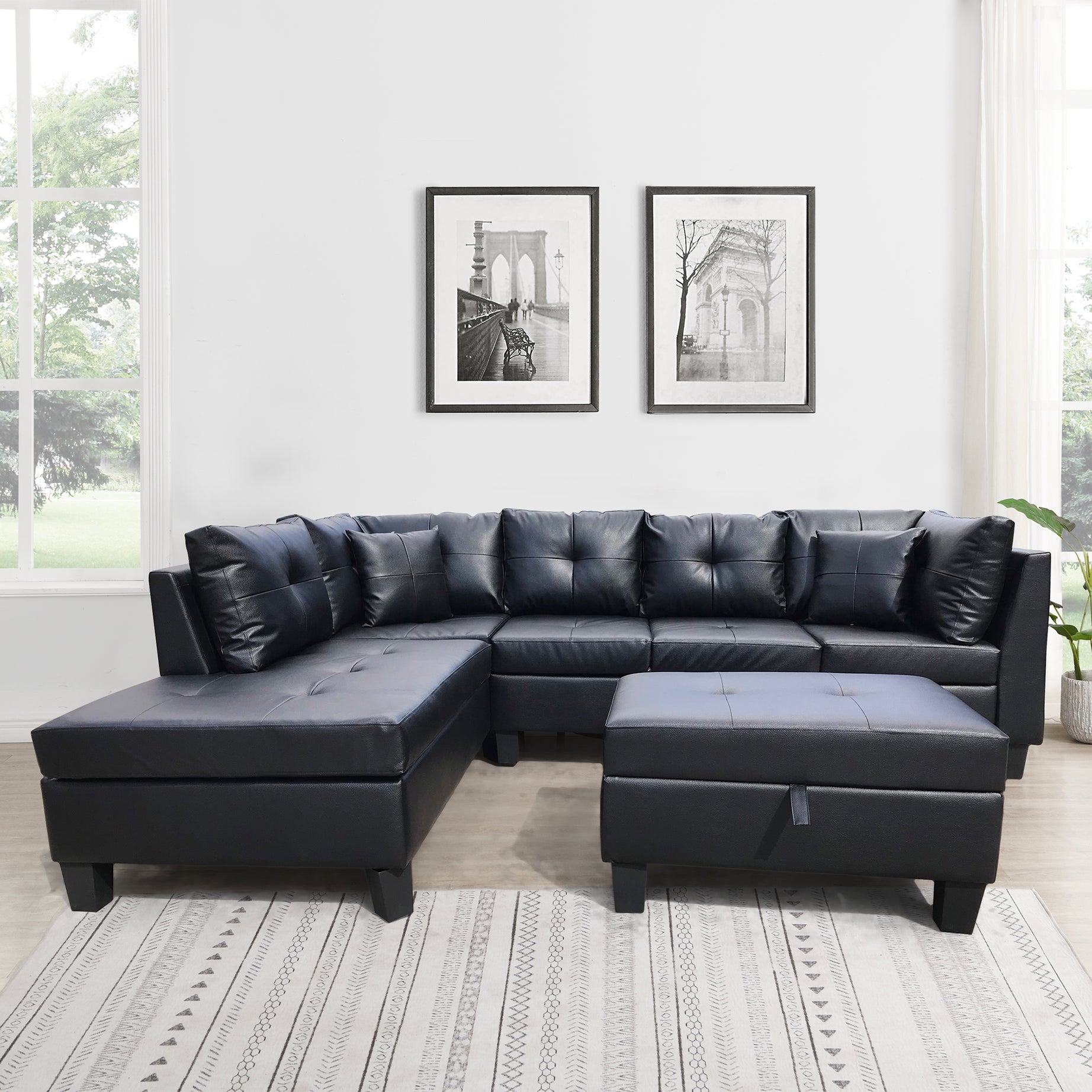 3-Piece sofa with 1 x 3-seat sofa, 1 x Left chaise lounge, 1 x storage ottoman, 7 x back cushions, 2 x throw pillows (BLACK PU)--1