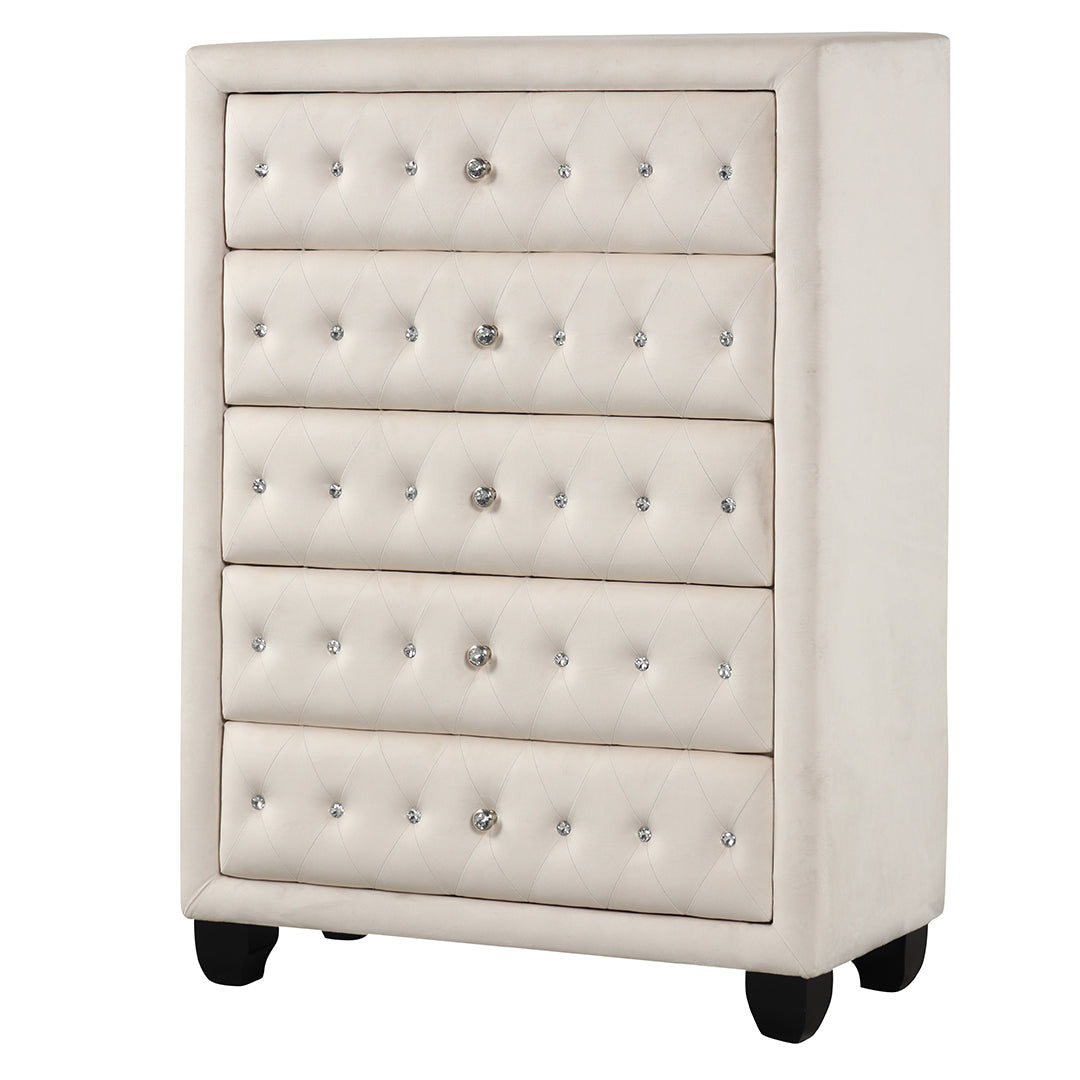 Sophia Modern Style Crystal Tufted Upholstery 5-Drawer Chest finished with Velvet Fabric made with Wood in Cream--3