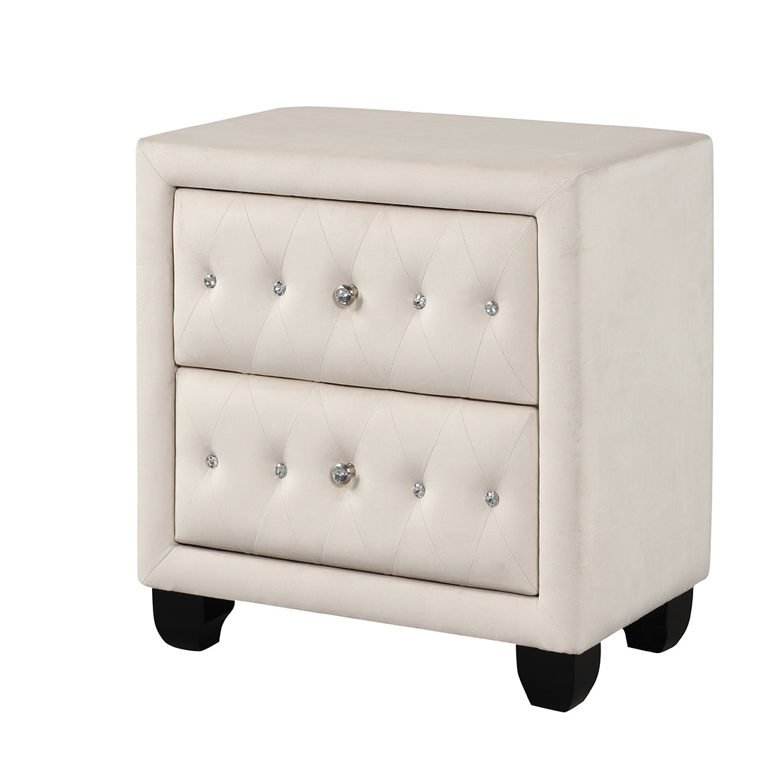 Sophia Modern Style Crystal Tufted 2-Drawer Nightstand Upholstered with Velvet Fabric Made with Wood in Cream--2