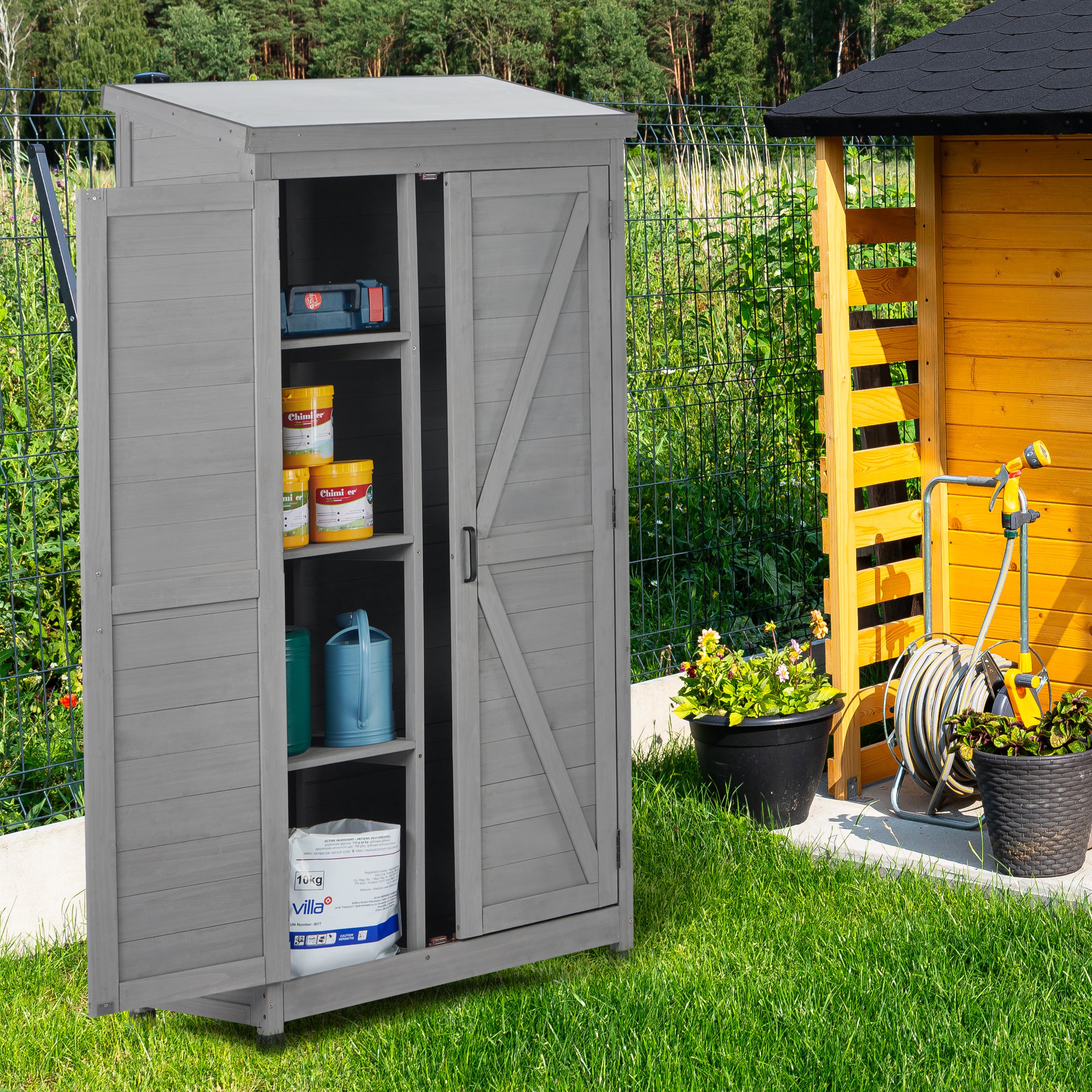 Outdoor Storage Cabinet and Metal Top,Garden Storage Shed,Outdoor 68 Inches Wood Tall Shed for Yard and Patio--1