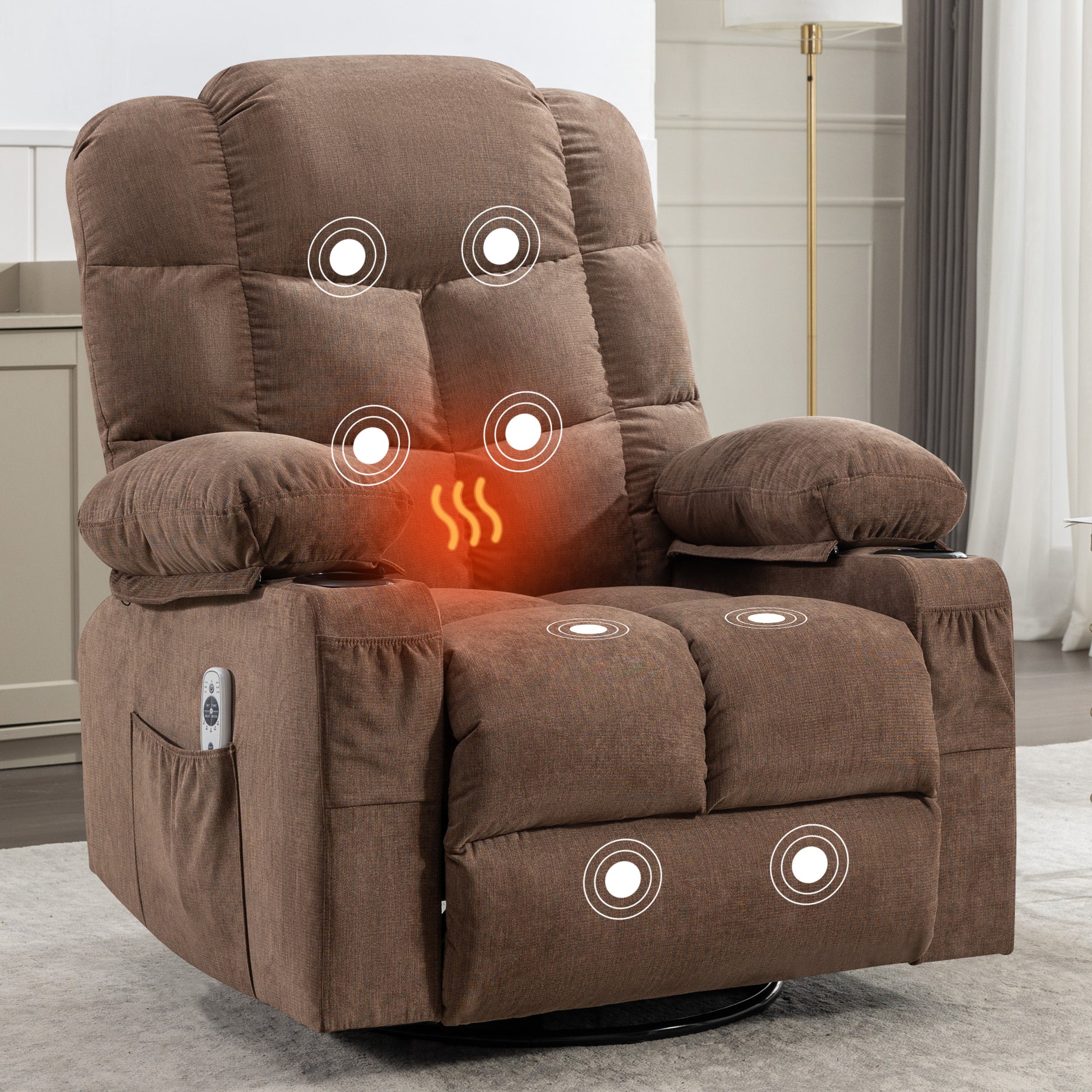 Massage Rocker Recliner Chair Rocking Chairs for Adults Oversized with 2 Cup Holders, USB Charge Port Soft Features a Manual Massage and Heat.(A+B)BROWN--1