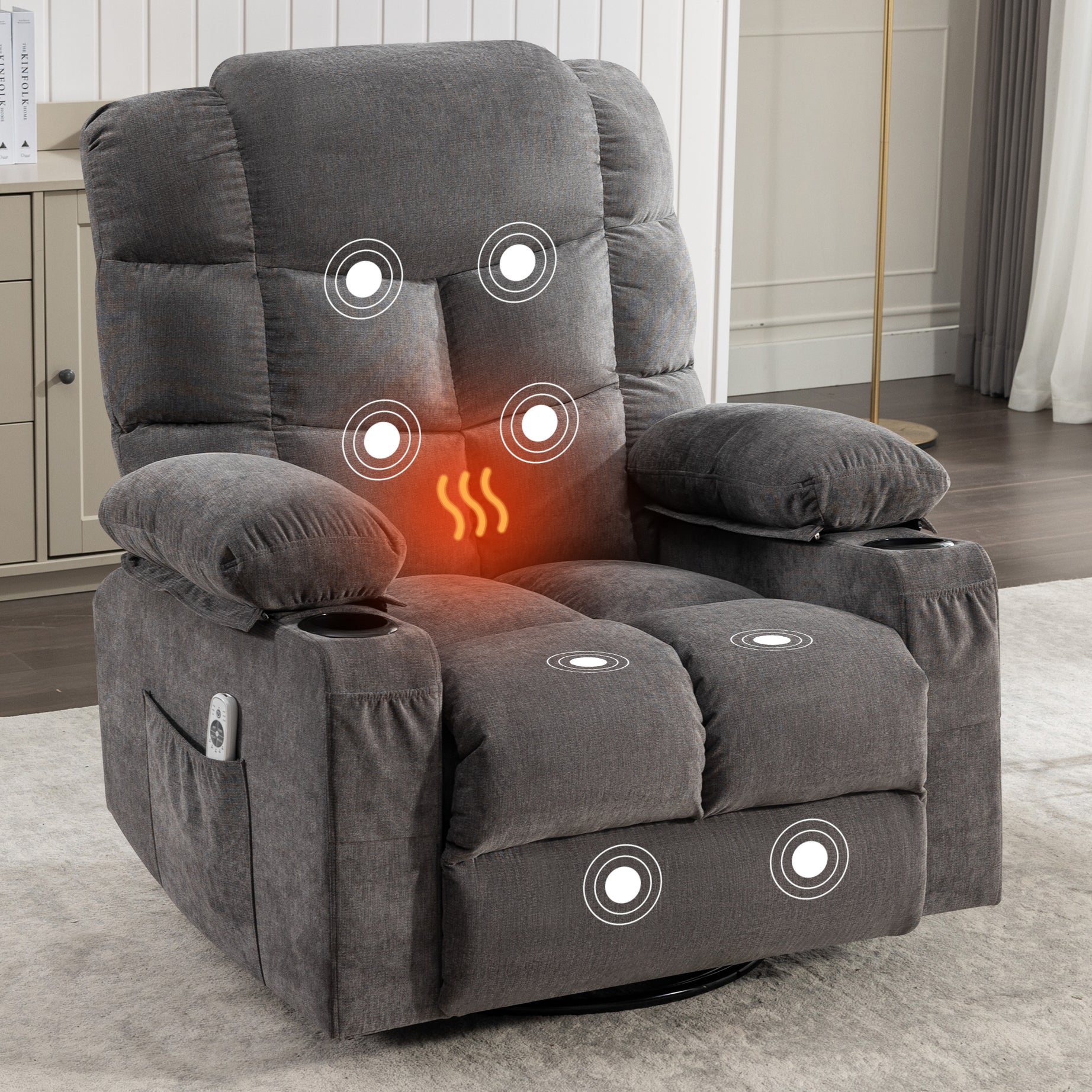 Massage Rocker Recliner Chair Rocking Chairs for Adults Oversized with 2 Cup Holders, USB Charge Port Soft Features a Manual Massage and Heat.(A+B)GREY--1