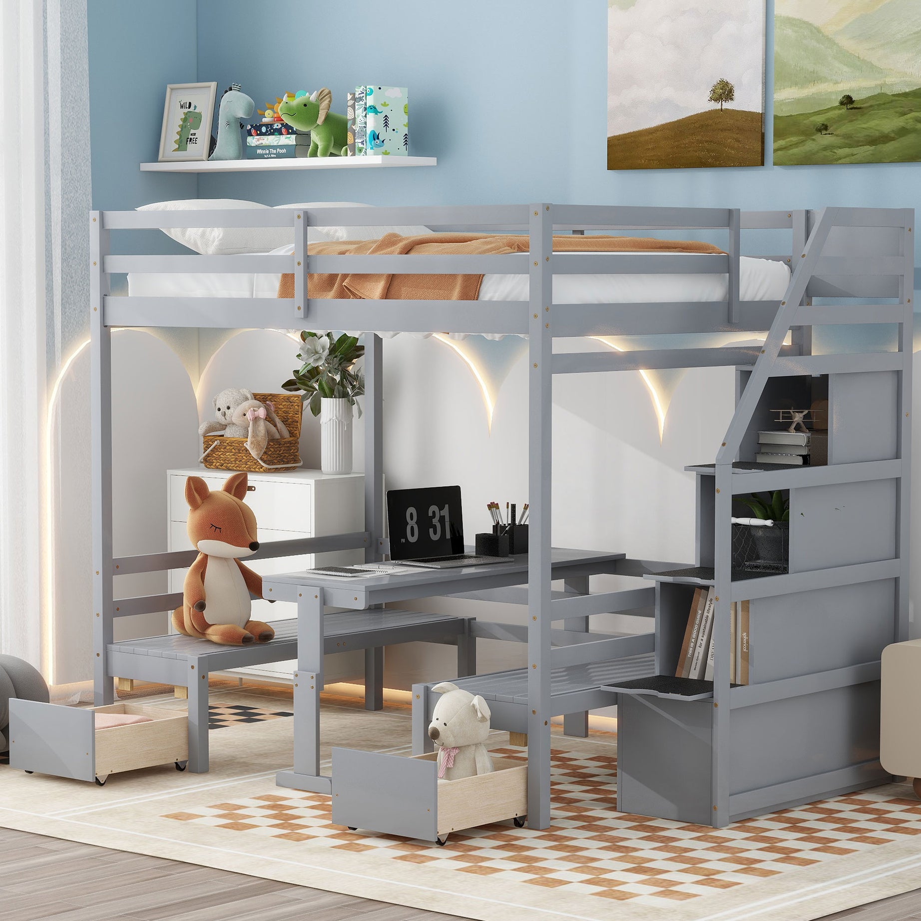 Full over Full Size Bunk with staircase,the Down Bed can be Convertible to Seats and Table Set,Gray--1