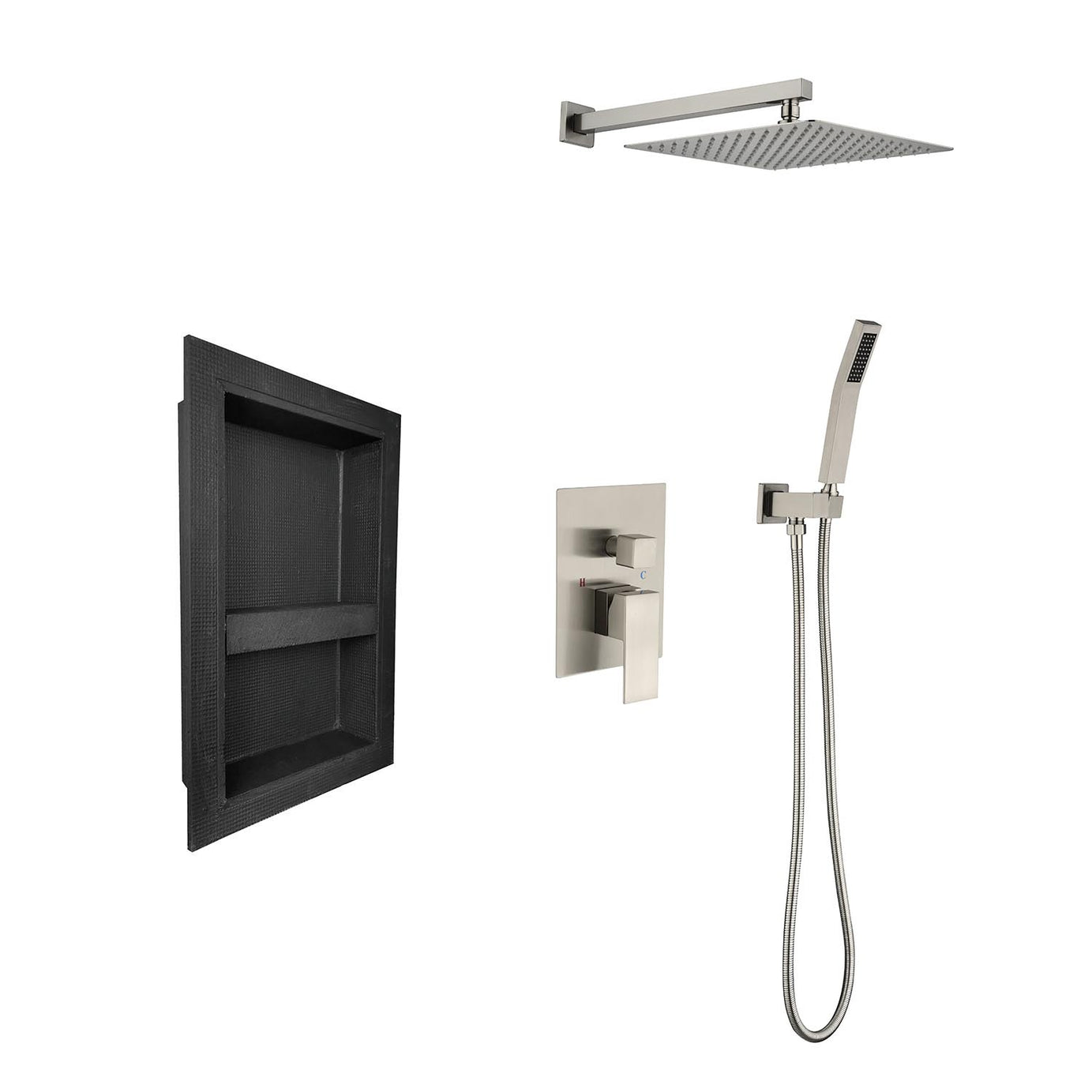 Shower System with rain shower head, hand shower head, water control valve, shower bracket, hose and niche--1