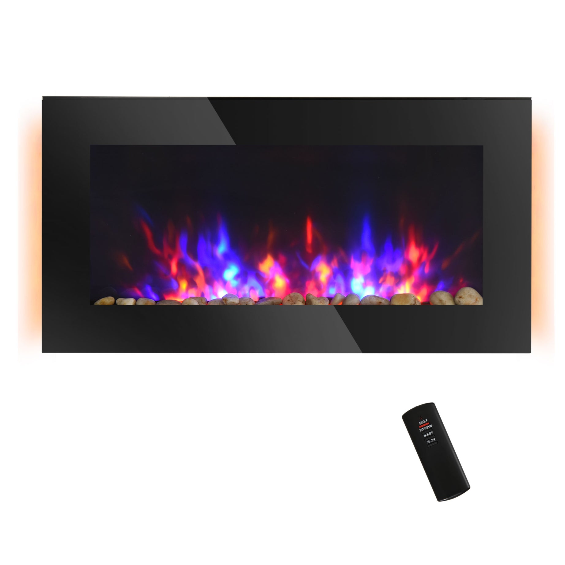 36" 1500W Electric Wall-Mounted Fireplace with Flame Effect, 7 Color Background Light and Side Light, Black--1