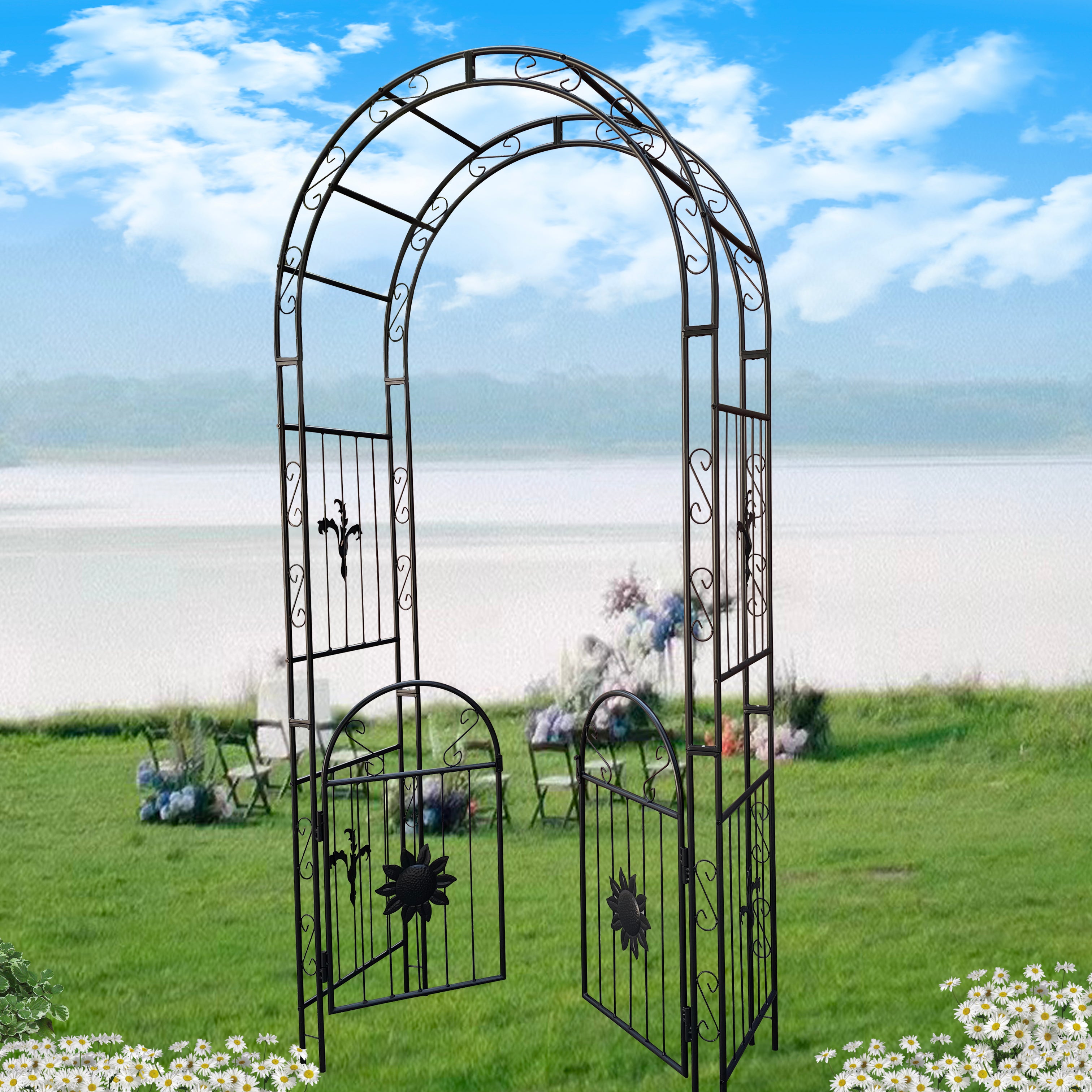 Metal Garden Arch  with doors Garden Arbor Trellis Climbing Plants Support Arch Outdoor Arch Wedding Arch Party Events Archway Black--1