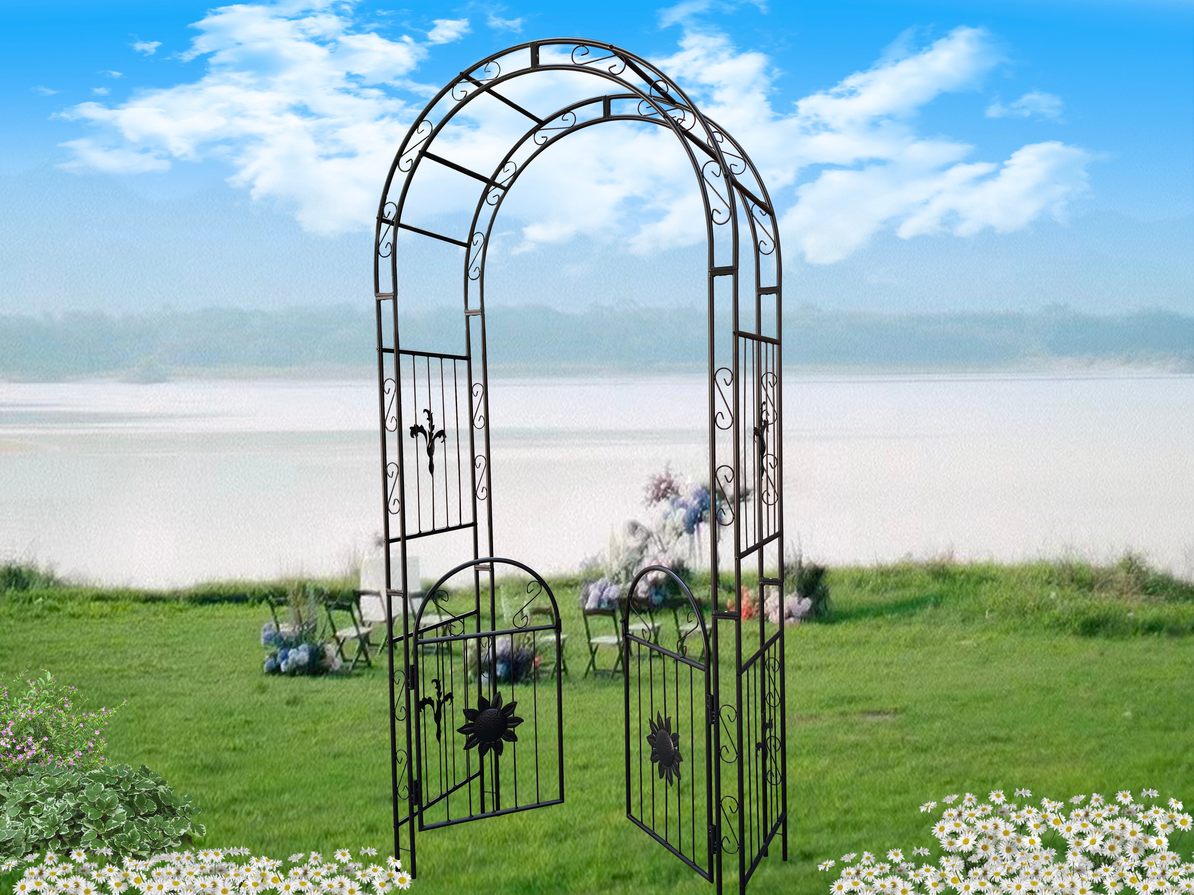 Metal Garden Arch  with doors Garden Arbor Trellis Climbing Plants Support Arch Outdoor Arch Wedding Arch Party Events Archway Black--1