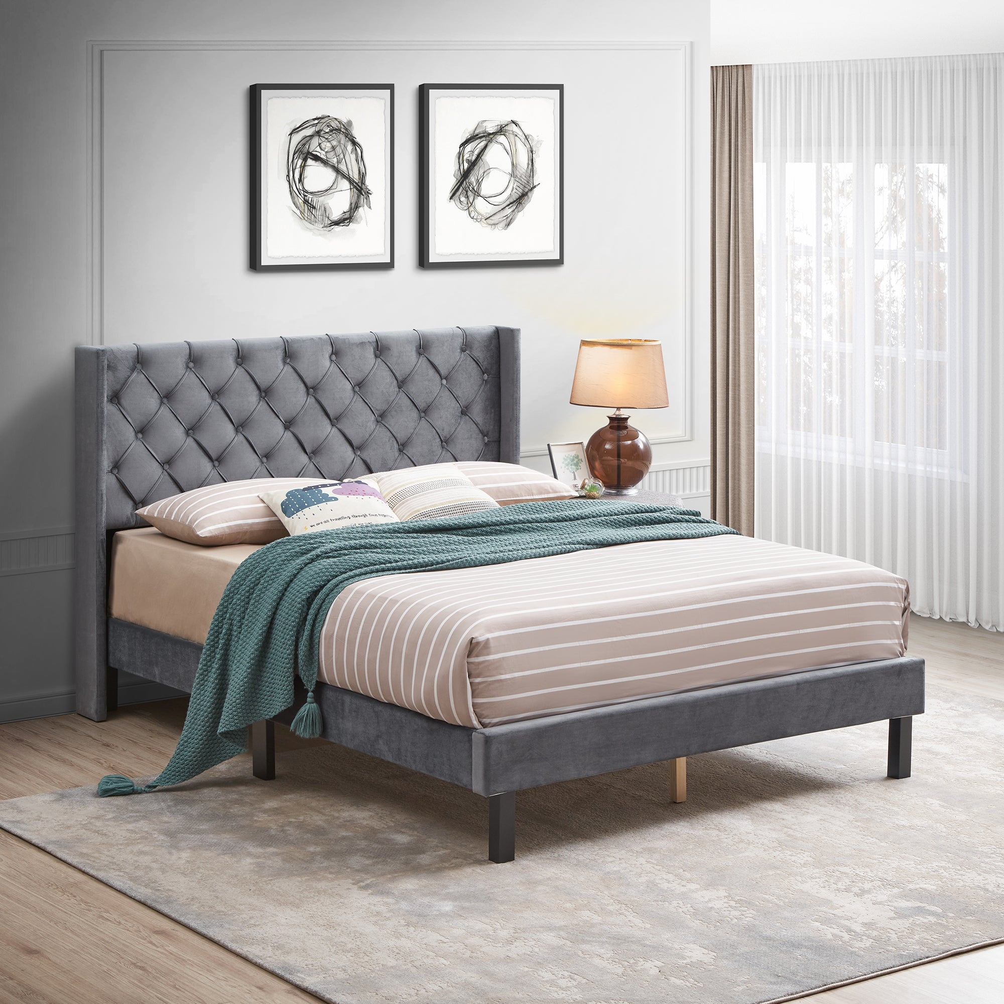 Velvet Button Tufted-Upholstered Bed with Wings Design - Strong Wood Slat Support - Easy Assembly - Gray, Queen, platform bed--1