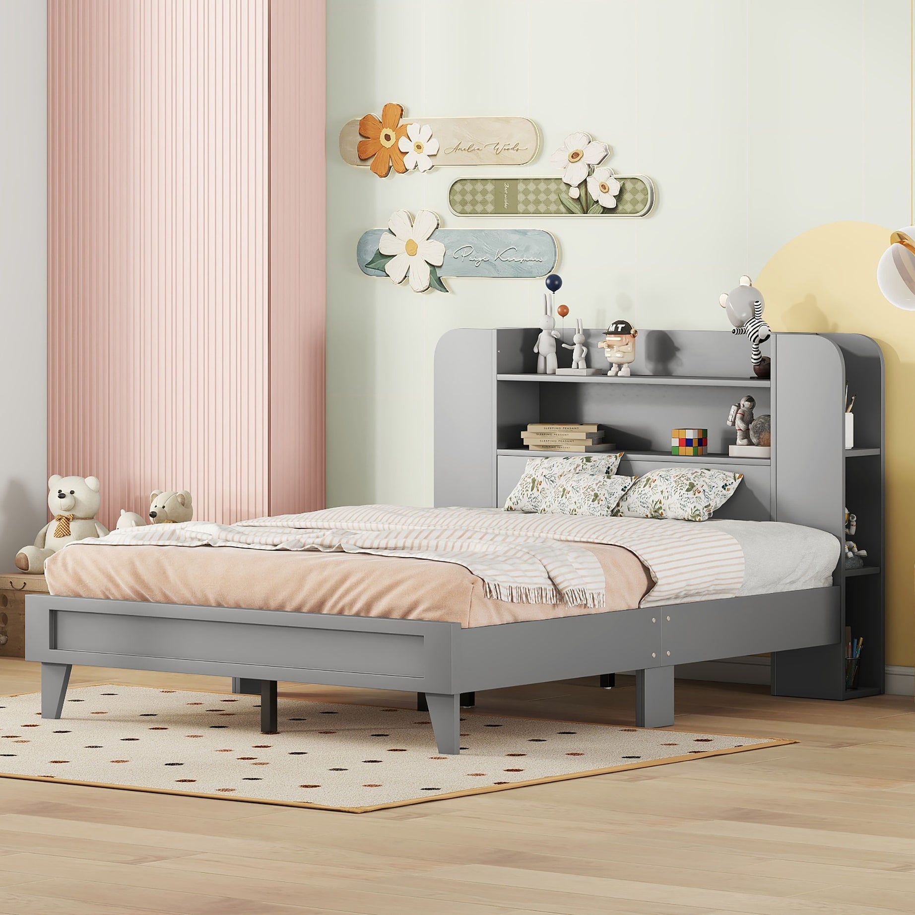 Full Size Platform Bed with Storage Headboard,Multiple Storage Shelves on Both Sides,Grey--1