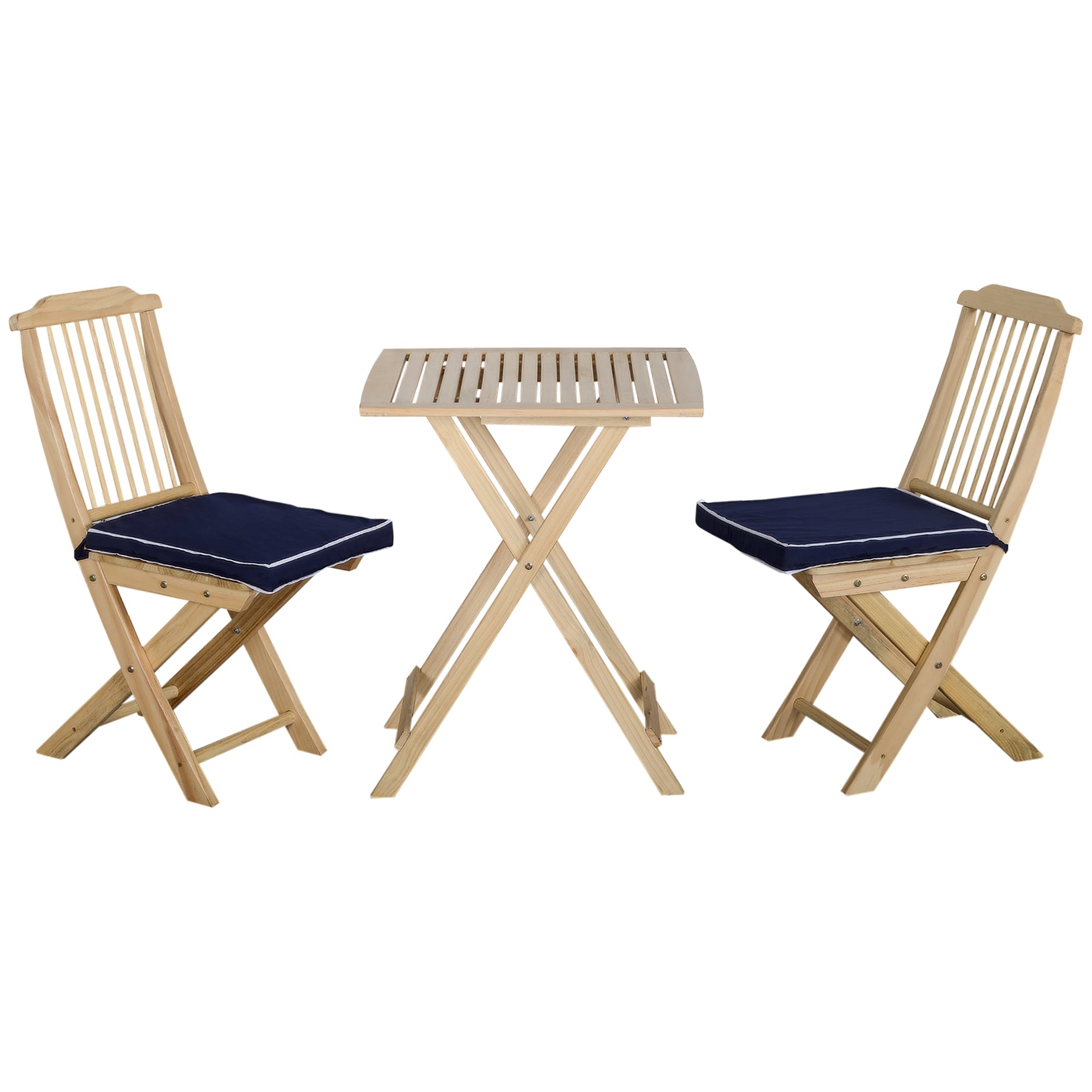 3 Pieces Patio Folding Bistro Set, Outdoor Pine Wood Table and Chairs Set with Tie-on Cushion & Square Coffee Table, Great for Indoor, Poolside, Garden, Dark Blue--1