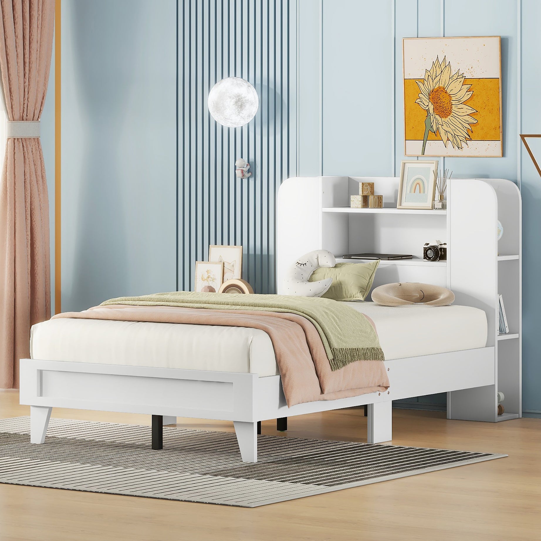 Twin Size Platform Bed with Storage Headboard,Multiple Storage Shelves on Both Sides,White--1