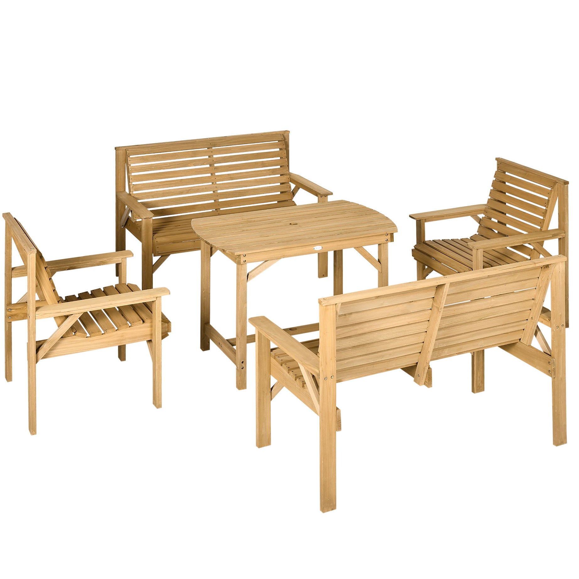 5 Piece Wooden Patio Dining Set for 6, Outdoor Conversation Set with 2 Armchairs, 2 Loveseats, and Dining Table with Umbrella Hole for Backyard, Garden, Light Brown--1