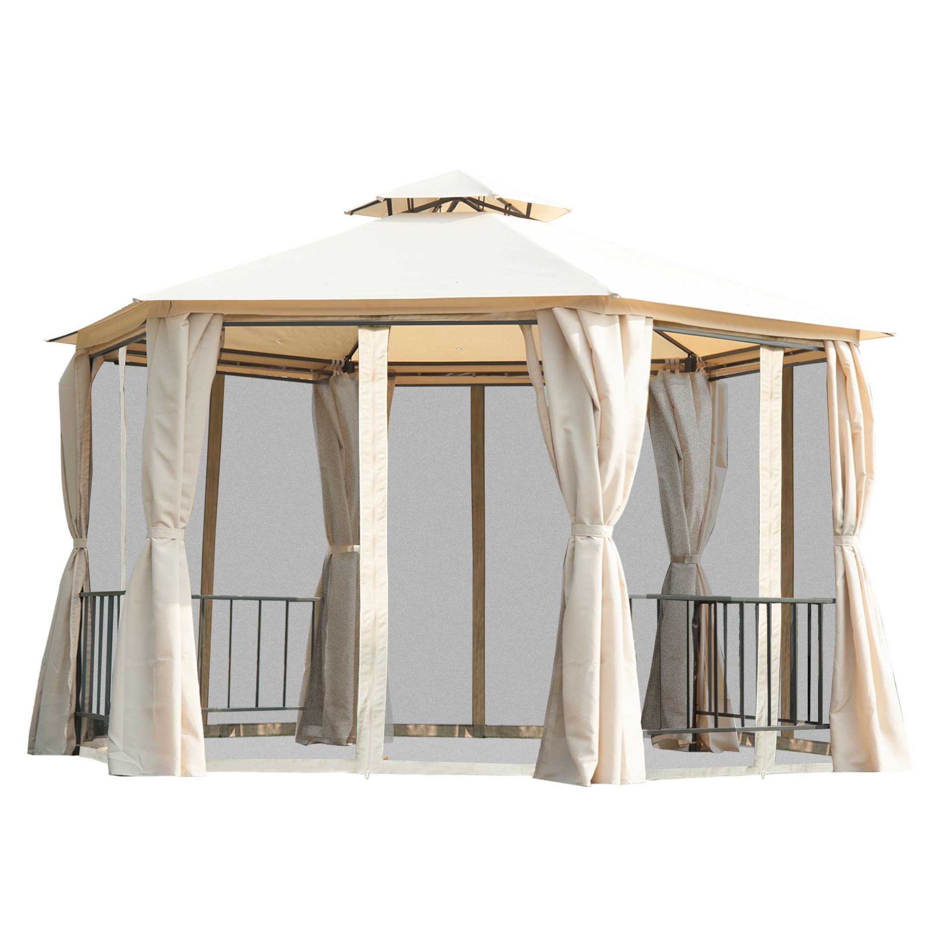 13' x 13' Patio Gazebo, Double Roof Hexagon Outdoor Gazebo Canopy Shelterwith Netting & Curtains, Solid Steel Frame for Garden, Lawn, Backyard and Deck, Beige--1