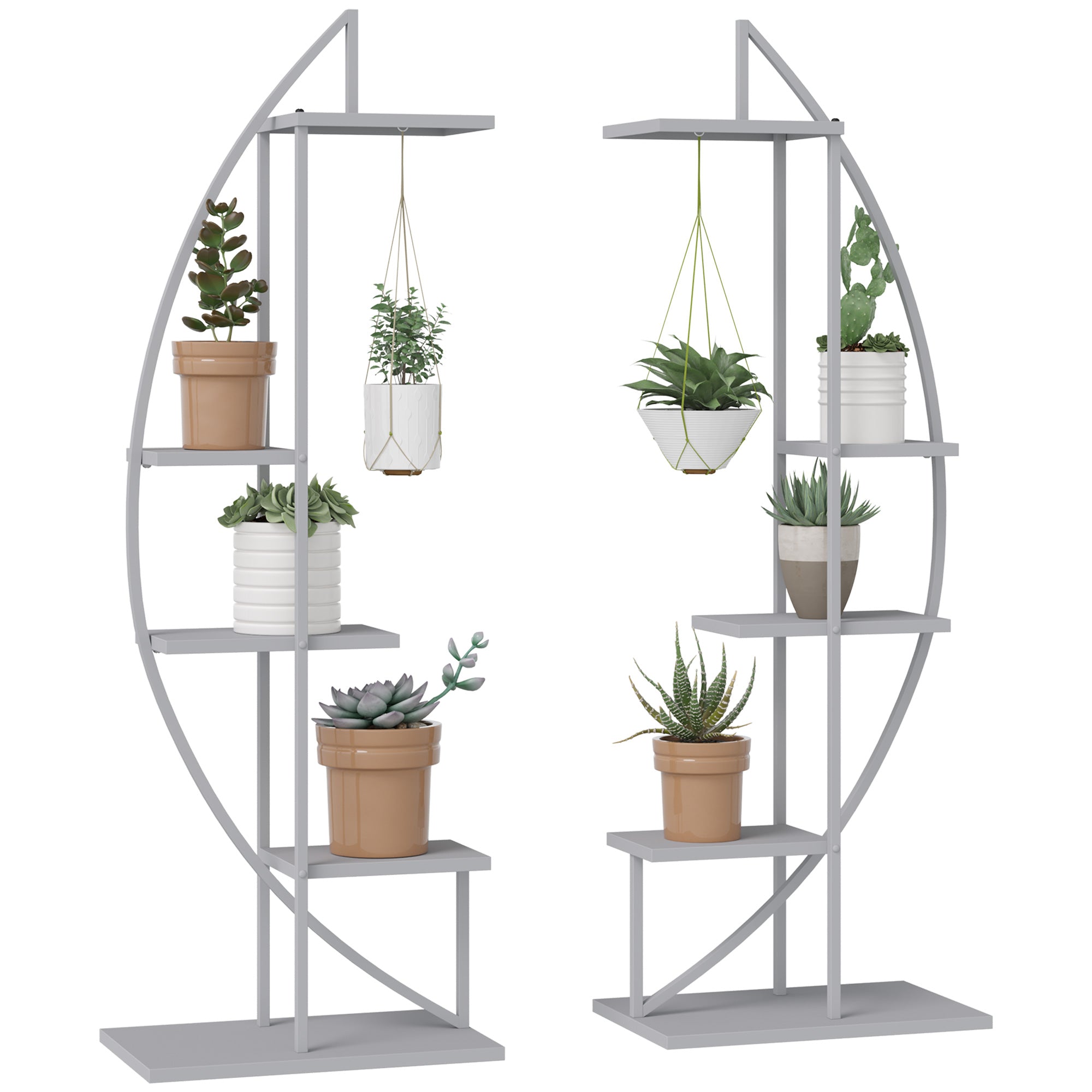 5 Tier Metal Plant Stand with Hangers, Half Moon Shape Flower Pot Display Shelf for Living Room Patio Garden Balcony Decor, Gray--1