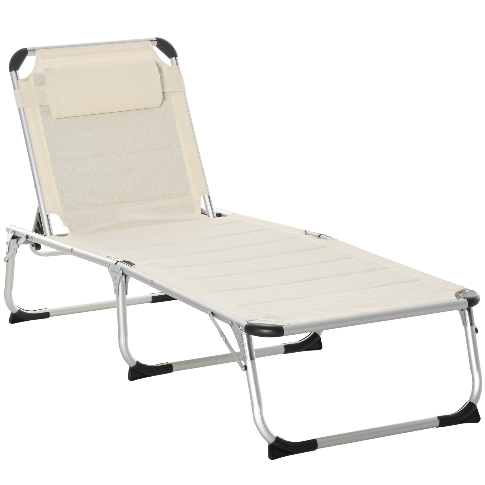 Foldable Outdoor Chaise Lounge Chair, 5-Level Reclining Camping Tanning Chair with Aluminum Frame, Padding, and Headrest for Beach, Yard, Patio, Pool, White--1