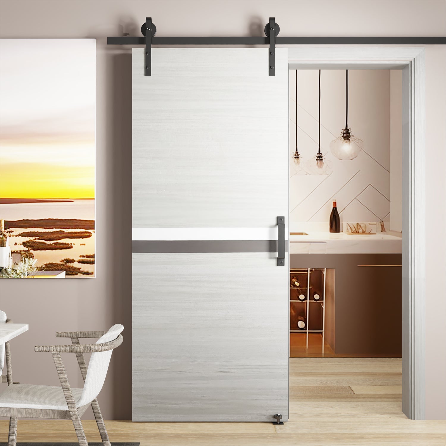 CRAZY ELF 32" x 80" Melamine Integrated Door Slab + 6.6FT Sliding Track Kit + Adjustable Floor Guider + Pull Handle, Modern Interior Door panel, Protected By 2mm Thick Melamine Layer, Moisture-proof--1