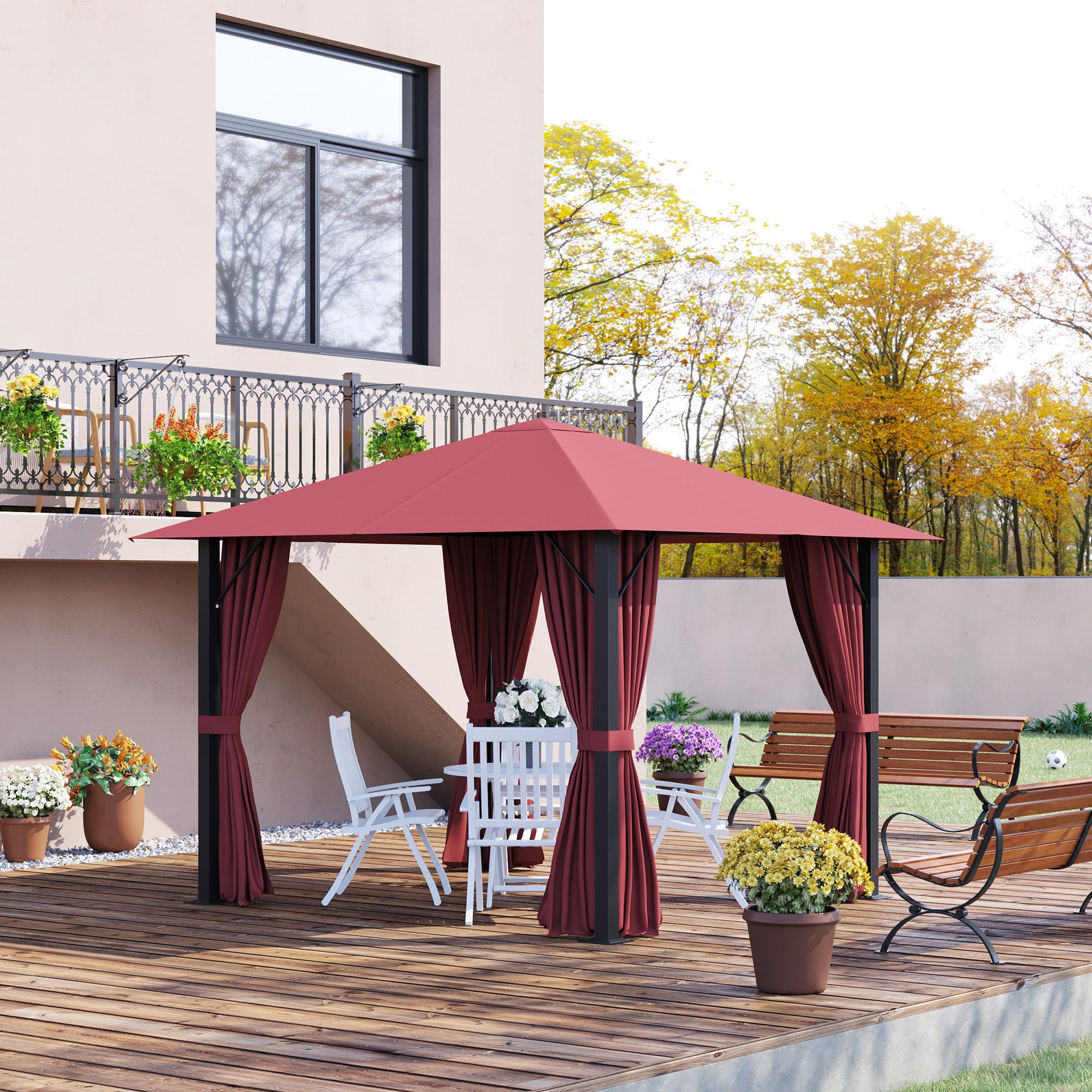 10' x 10' Patio Gazebo Aluminum Frame Outdoor Canopy Shelter with Sidewalls, Vented Roof for Garden, Lawn, Backyard, and Deck, Wine Red--2