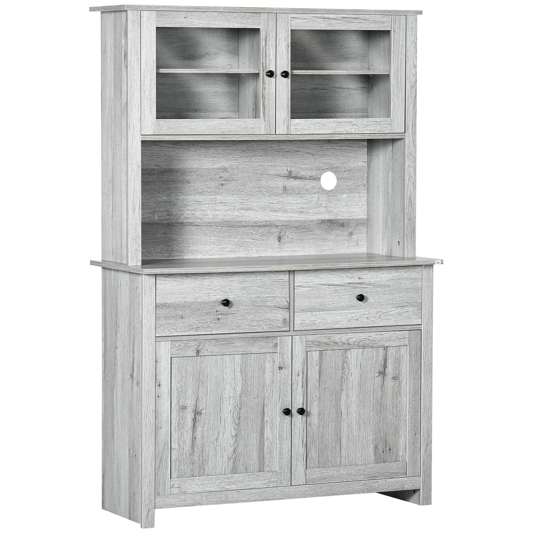 63.5" Kitchen Buffet with Hutch, Pantry Storage Cabinet with 4 Shelves, Drawers, Framed Glass Doors, Open Microwave Countertop, Ash Grey--1