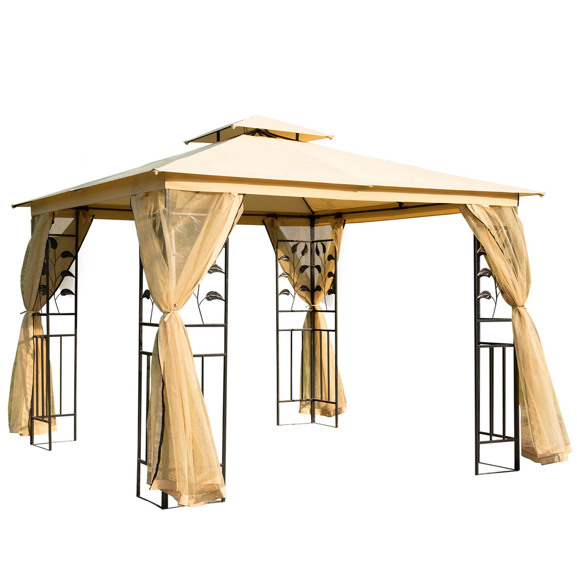 10' x 10' Metal Patio Gazebo, Double Roof Outdoor Gazebo Canopy Shelter with Tree Motifs Corner Frame and Netting, for Garden, Lawn, Backyard, and Deck, Beige--1