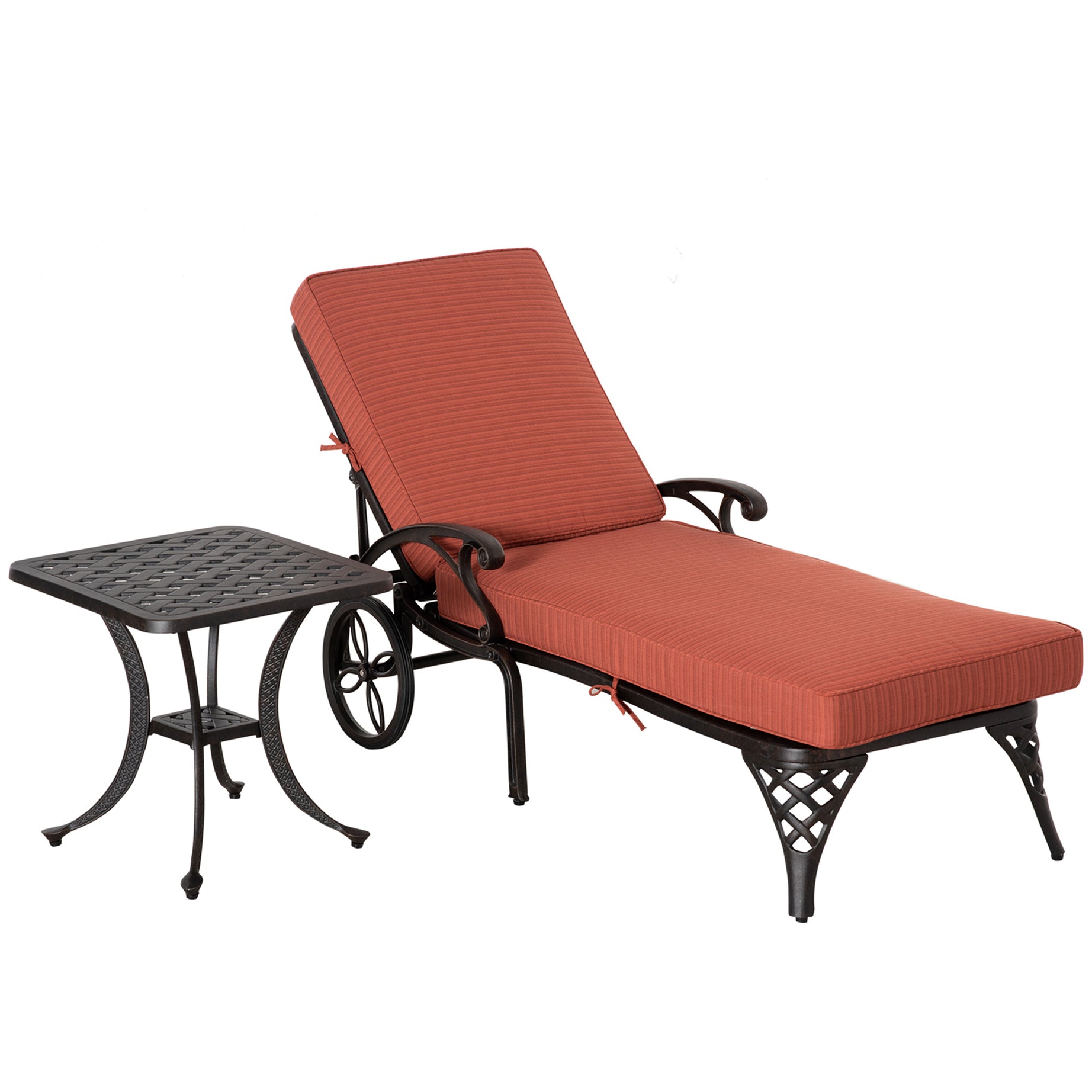 Aluminum Adjustable Chaise Lounge Chair, Folding 4-Position Patio Recliner, Wheels, Armrests, Side Table, Cushion for Poolside, Backyard, Deck, Porch Garden, Red--1