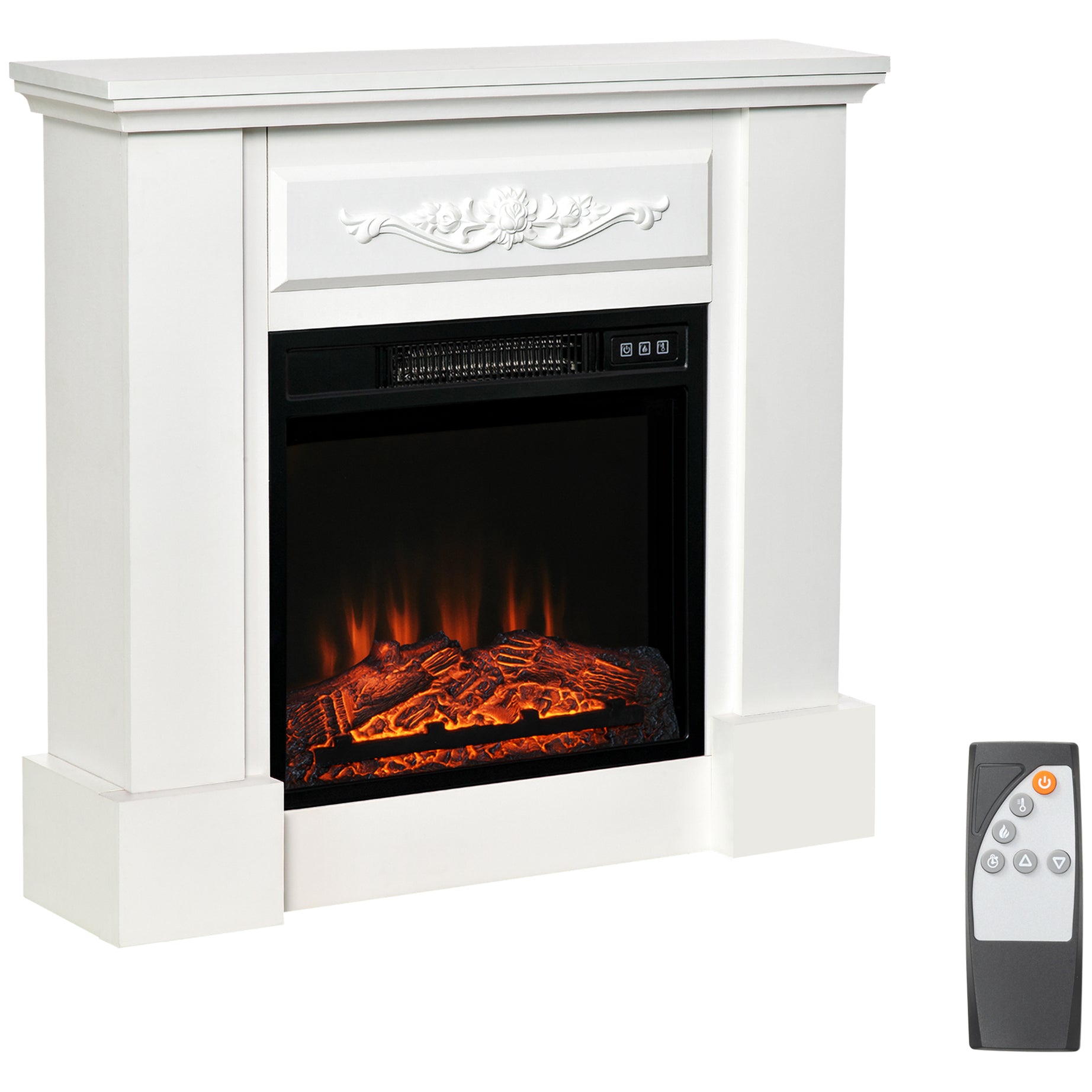 32" Electric Fireplace with Mantel, Freestanding Heater with LED Log Flame, Overheat Protection and Remote Control, 1400W, White--1