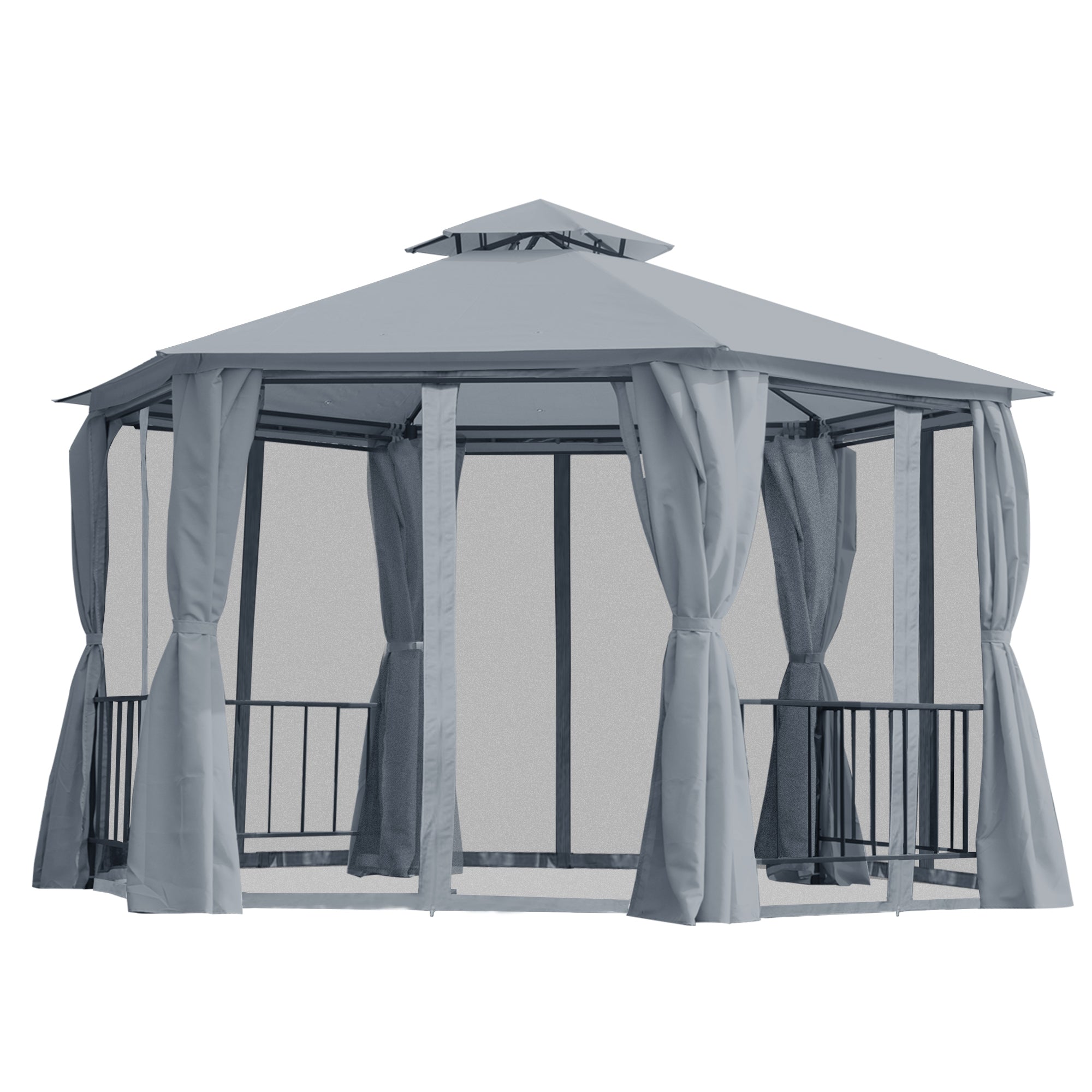 13' x 13' Patio Gazebo, Double Roof Hexagon Outdoor Gazebo Canopy Shelterwith Netting & Curtains, Solid Steel Frame for Garden, Lawn, Backyard and Deck, Grey--1