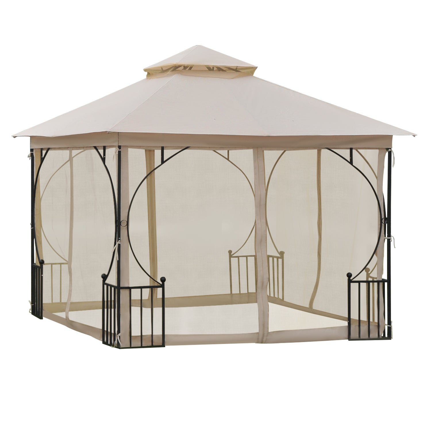 10' x 10' Patio Gazebo, Double Roof Outdoor Gazebo Canopy Shelter with Netting, Steel Corner Frame for Garden, Lawn, Backyard and Deck, Beige--1