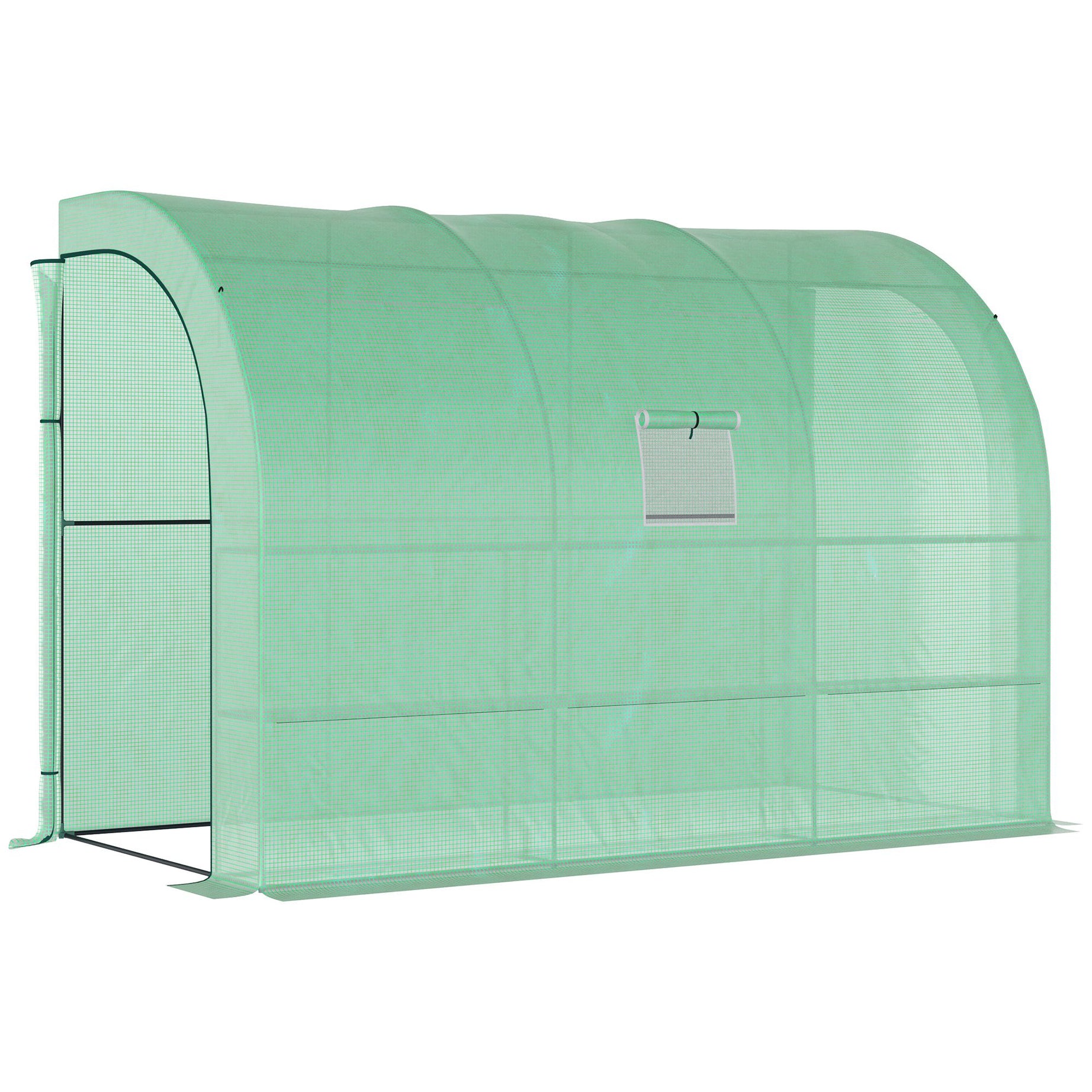 10' x 5' x 7' Lean to Greenhouse, Walk-In Green House, Plant Nursery with 2 Roll-up Doors and Windows, PE Cover and 3 Wire Shelves, Green--1