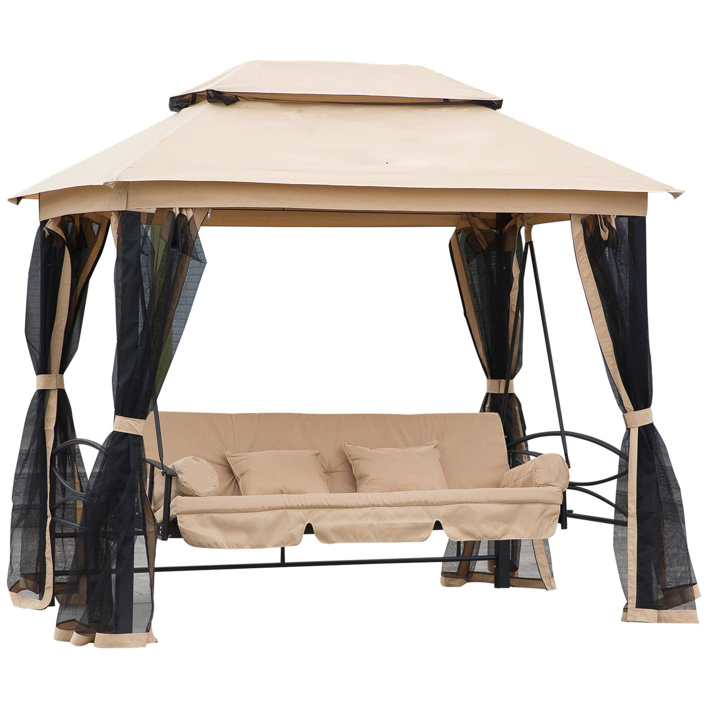 3-Seat Patio Swing Chair, Outdoor Gazebo Swing with Double Tier Canopy, Mesh Sidewalls, Cushioned Seat and Pillows, Beige--1