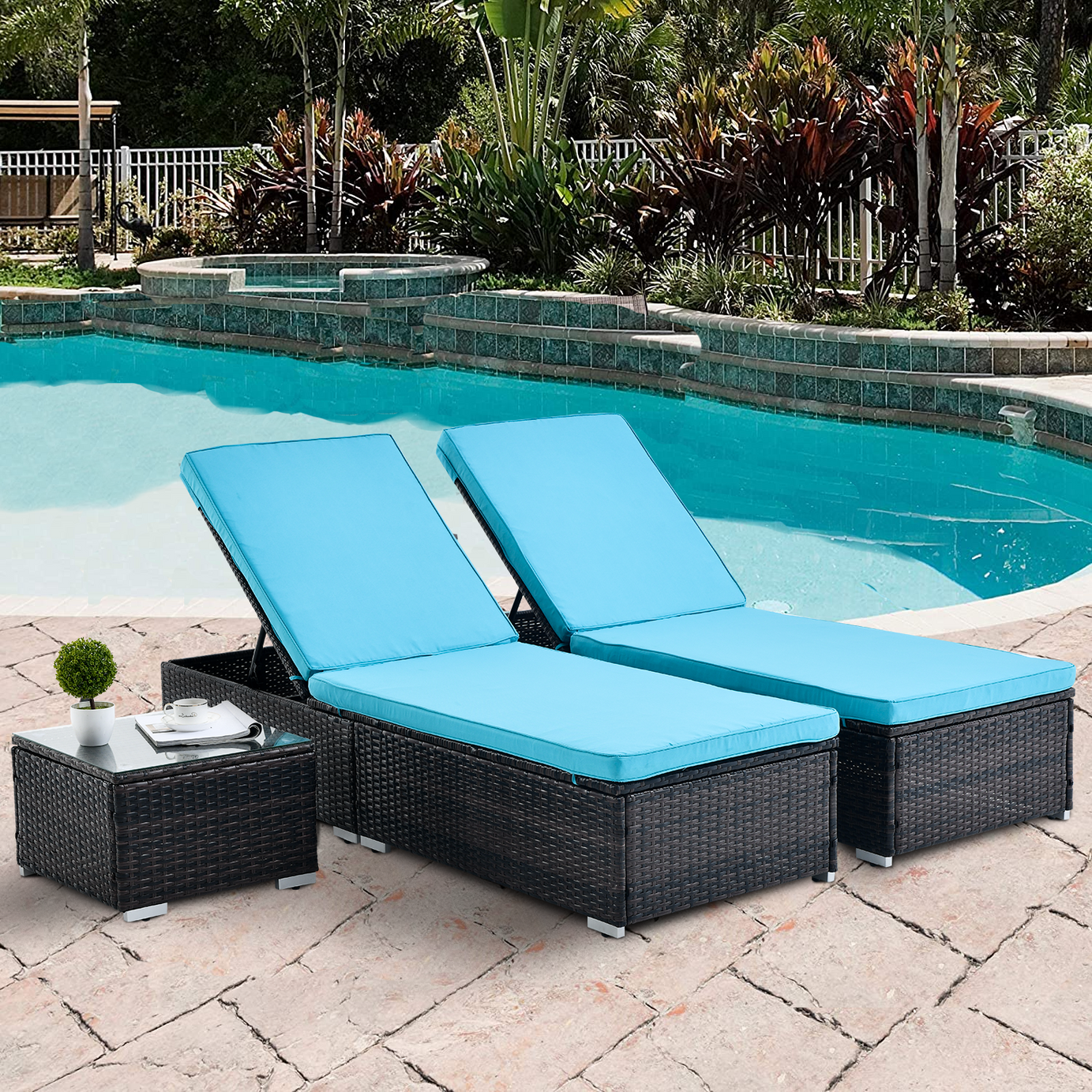 Outdoor Patio Chaise Lounge Chair,Lying in bed with PE Rattan and Steel Frame,PE Wickers,Pool Recliners with Elegant Reclining Adjustable Backrest and Removable Cushions Sets of 3(Brown+Blue)--1