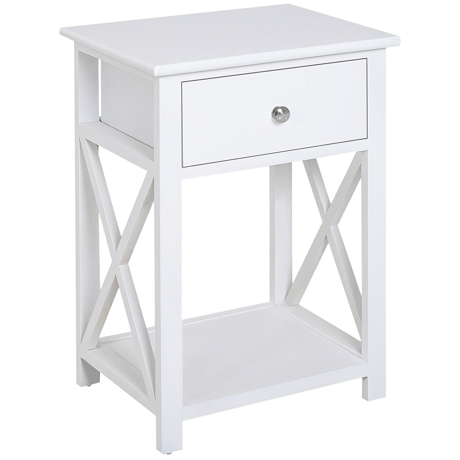 Side Table, Farmhouse End Table with Storage Drawer, Open Shelf and X-frame, Bedside Table for Living Room, White--1