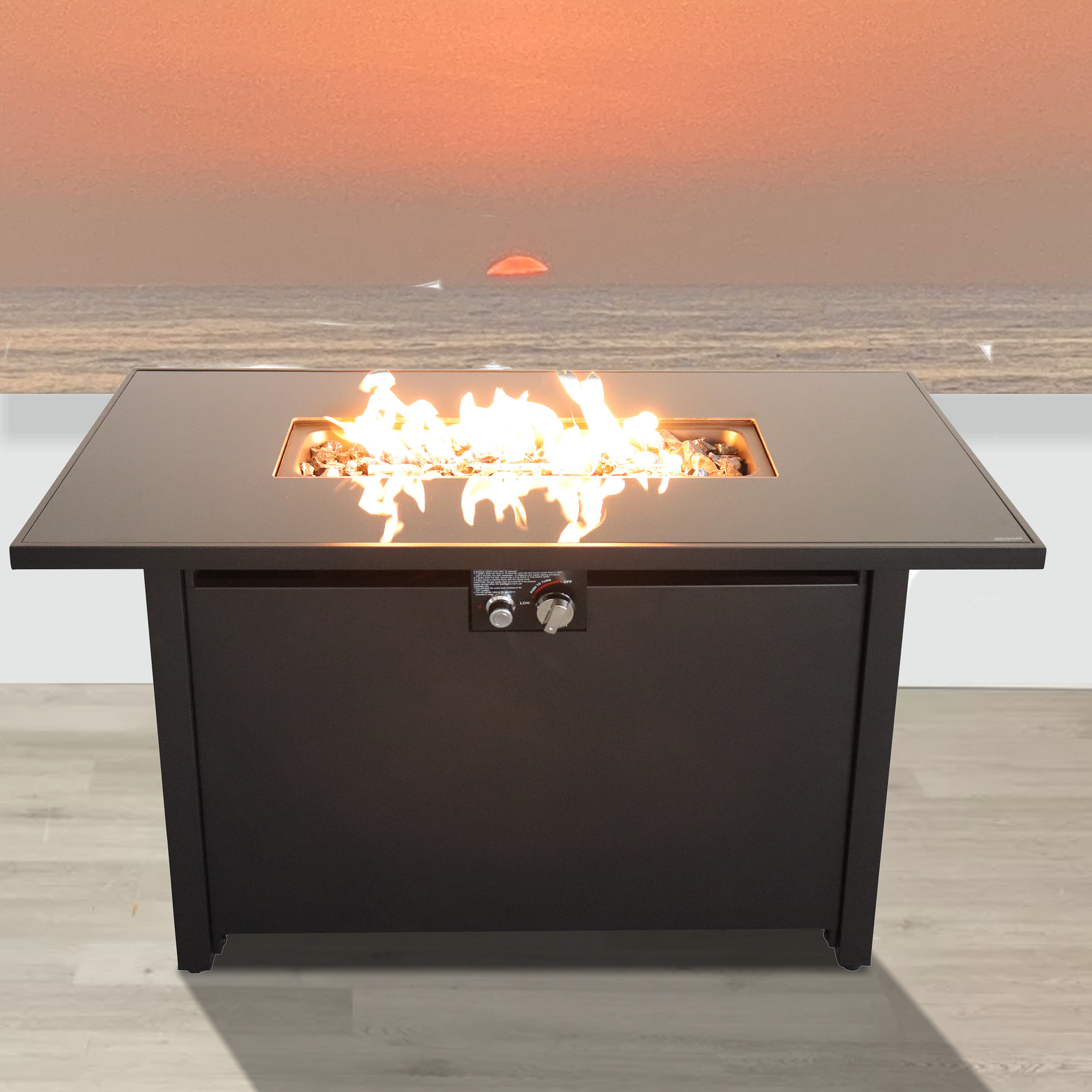 Living Source International 42 White Smoked Glass Metal Rectangle Fire Pit (Black)--1