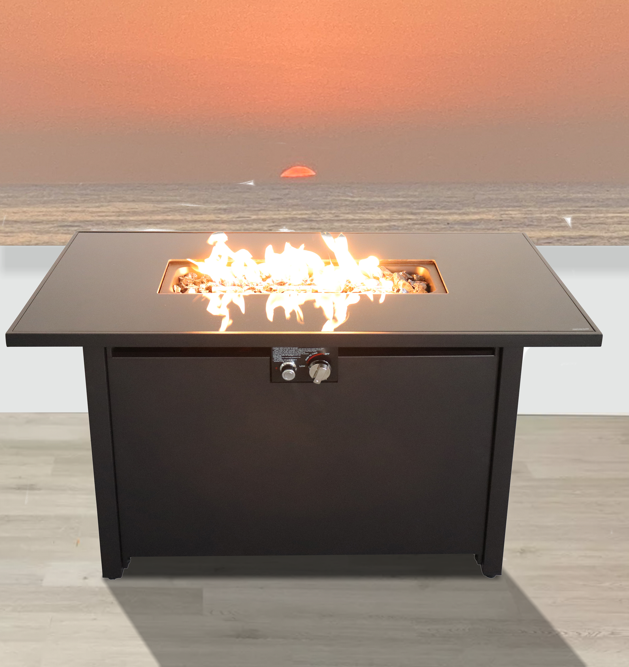 Living Source International 42 White Smoked Glass Metal Rectangle Fire Pit (Black)--1