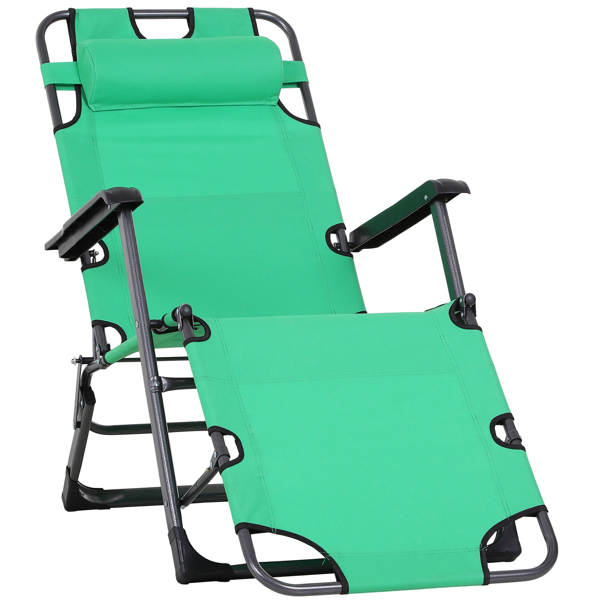 Tanning Chair, 2-in-1 Beach Lounge Chair & Camping Chair w/ Pillow & Pocket, Adjustable Chaise for Sunbathing Outside, Patio, Poolside, Green--1