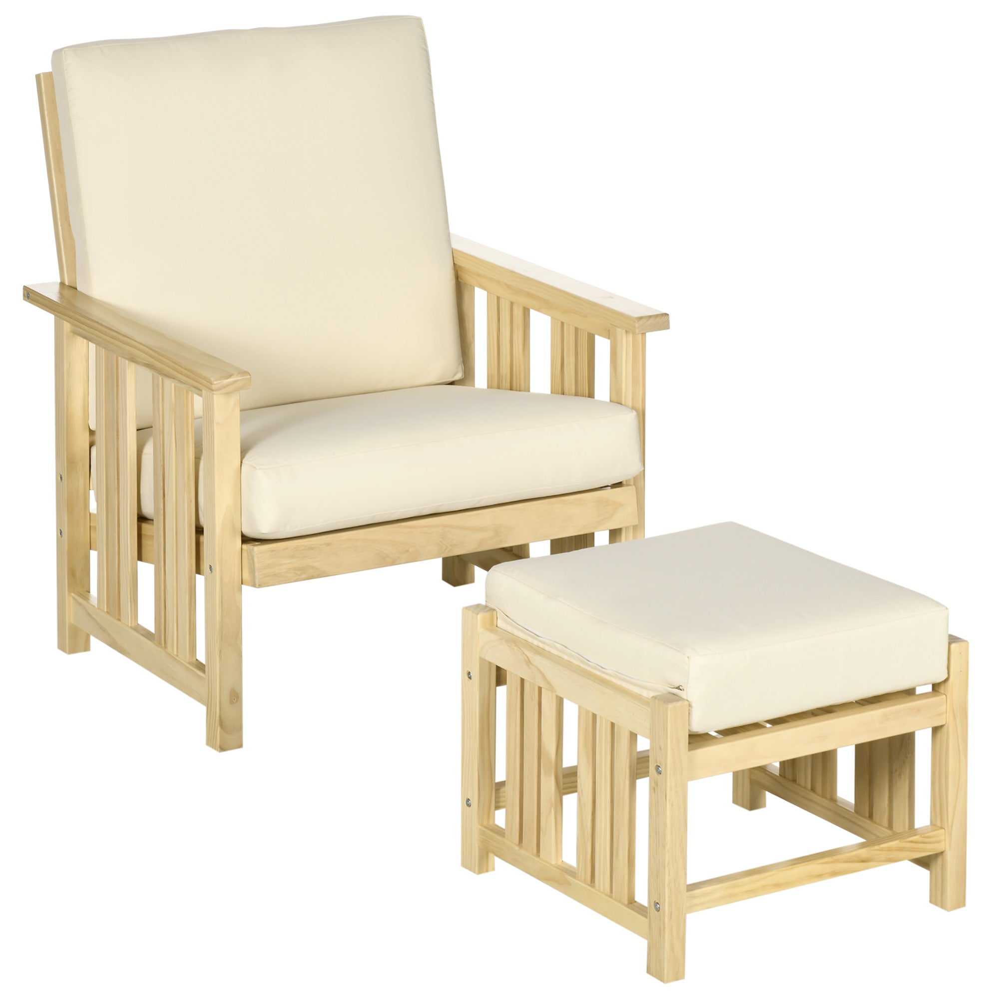 Patio Furniture Set, Wood Outdoor Patio Chair with Ottoman, 2 Piece Cushioned Outdoor Lounge Chair, Sofa Chair with Footrest, Beige--1