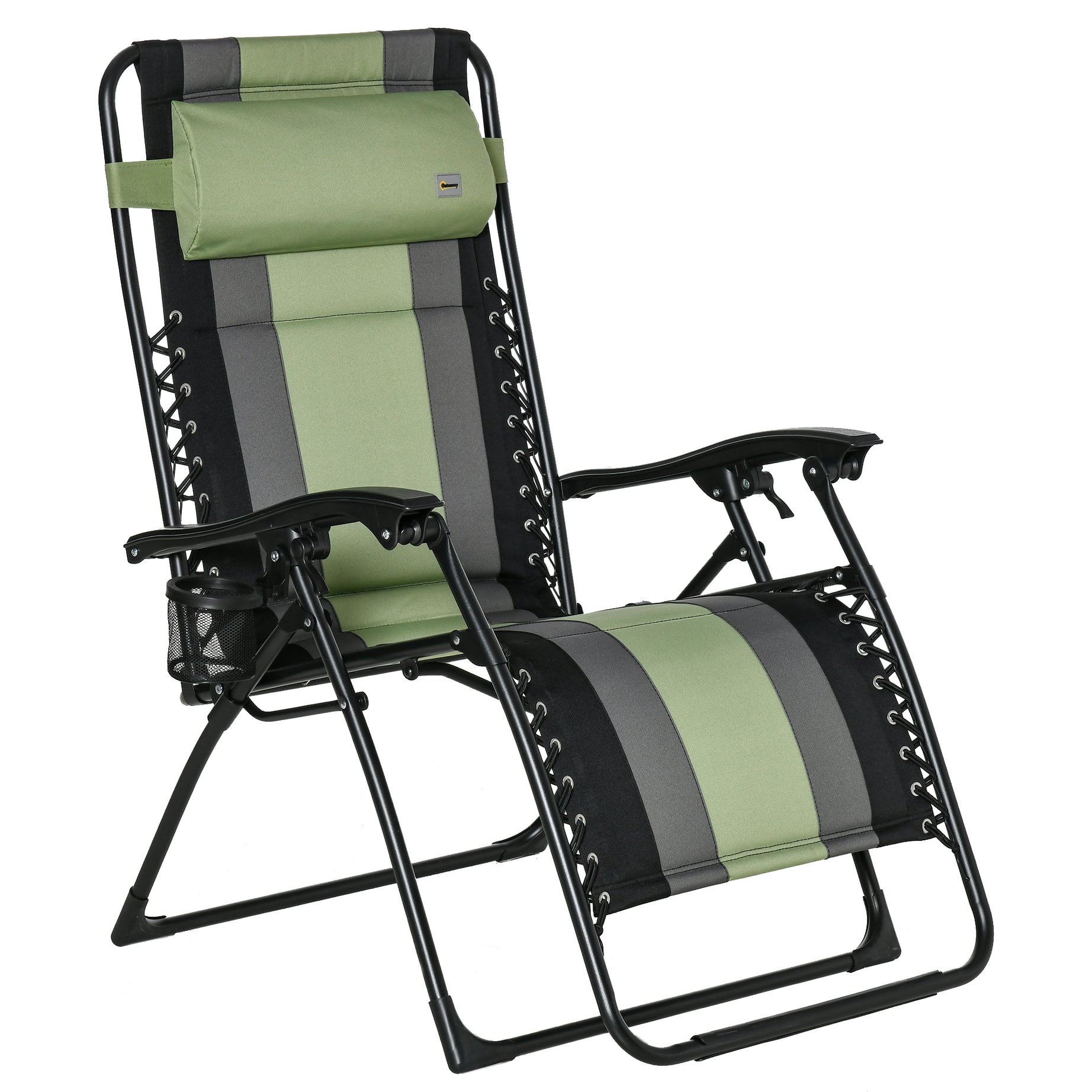 XL Oversize Zero Gravity Recliner, Padded Patio Lounger Chair, Folding Chair with Adjustable Backrest, Cup Holder, and Headrest for Backyard, Poolside, Lawn, Striped, Green--1