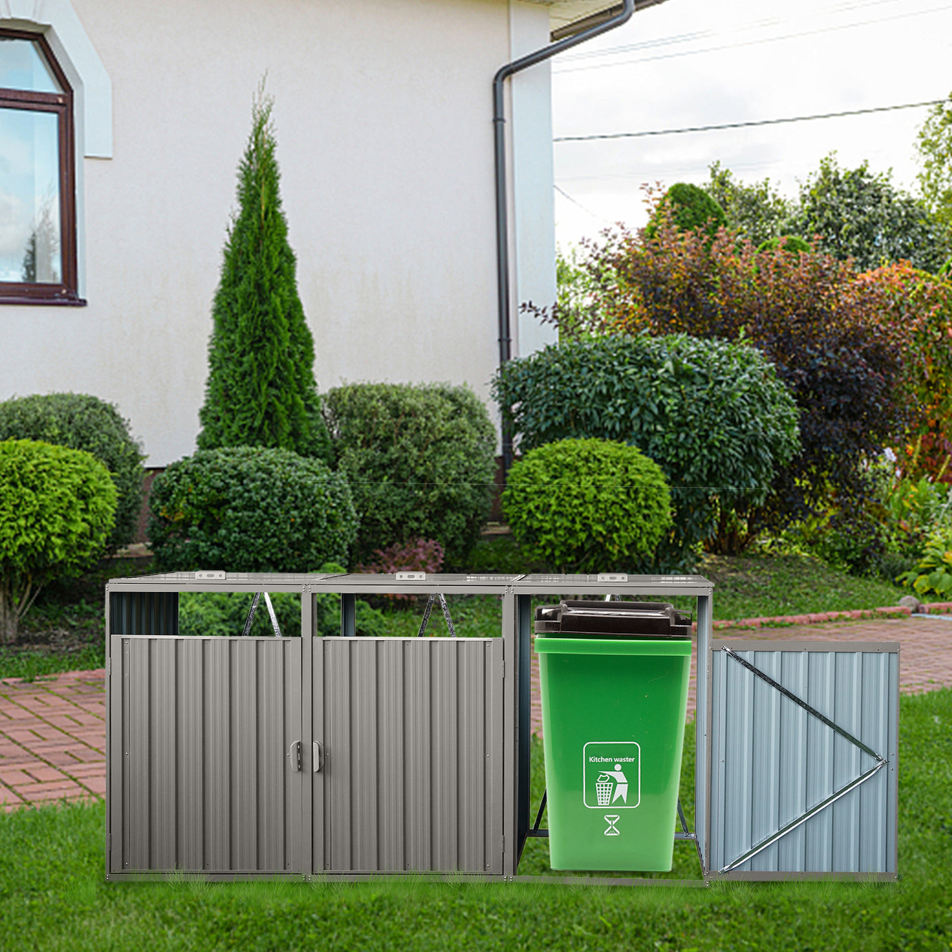 Garbage Bin Shed Stores 3 Trash Cans Metal Outdoor Bin Shed for Garbage Storage,Stainless Galvanized Steel, Bin Shed for Garden Yard Lawn,Grey--1