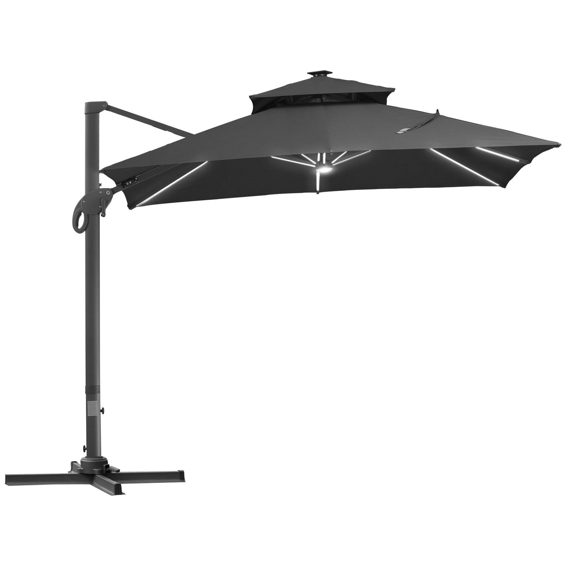 10FT Cantilever Patio Umbrella with Solar LED Lights, Double Top Square Outdoor Offset Umbrella with 360° Rotation, 4-Position Tilt, Crank & Cross Base for Garden, Deck, Pool, Dark Gray--1