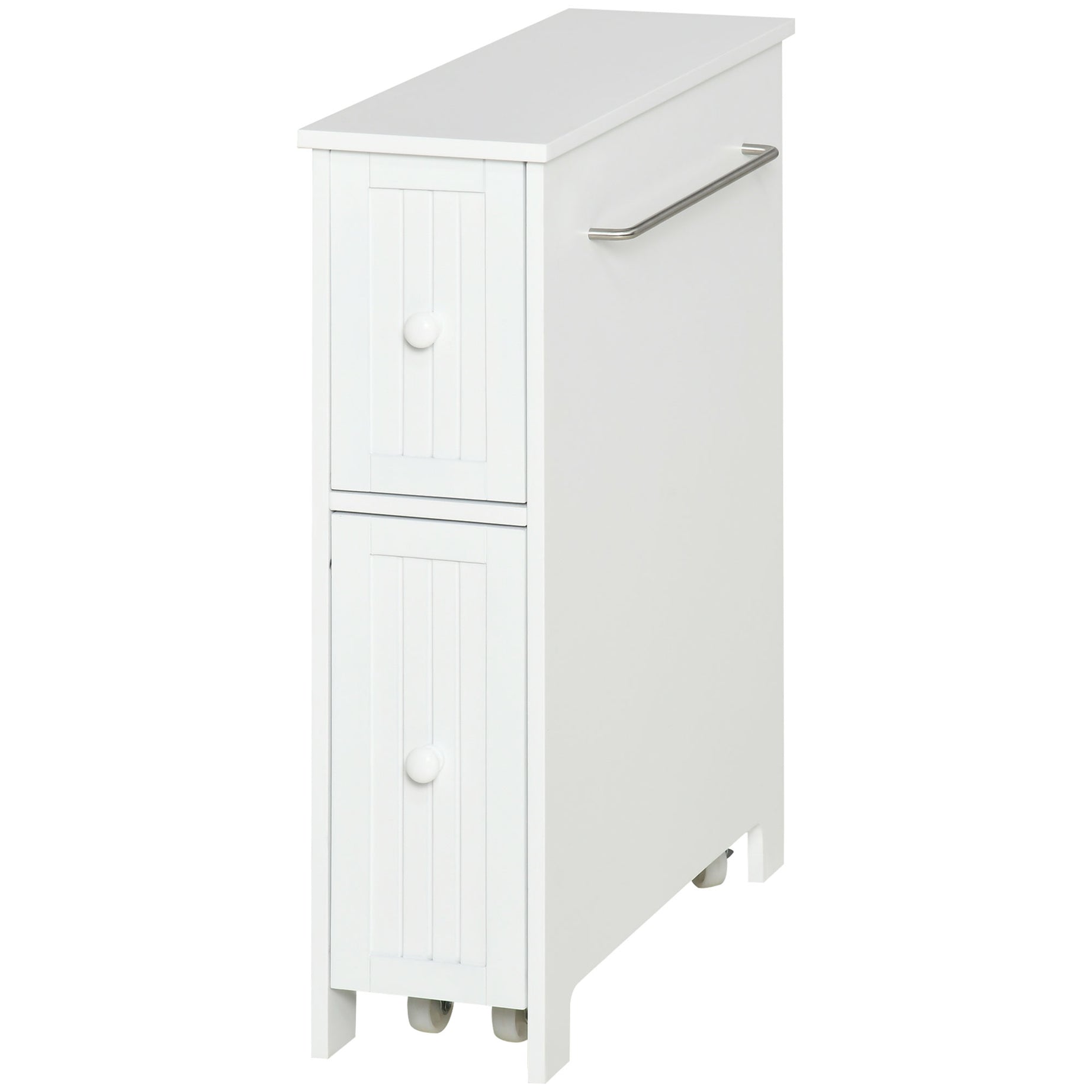 kleankin Slim Bathroom Cabinet, Freestanding Storage Cabinet, Toilet Paper Holder with Two Drawers, Side Towel Rack, and Wheels, 7 x 20.5 x 24.75 Inches, White--1