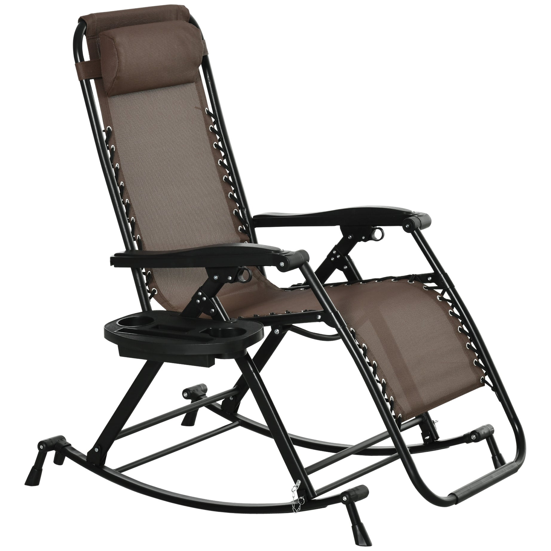 Outdoor Rocking Chairs, Foldable Reclining Zero Gravity Lounge Rocker w/ Pillow, Cup & Phone Holder, Combo Design w/ Folding Legs, Brown--1