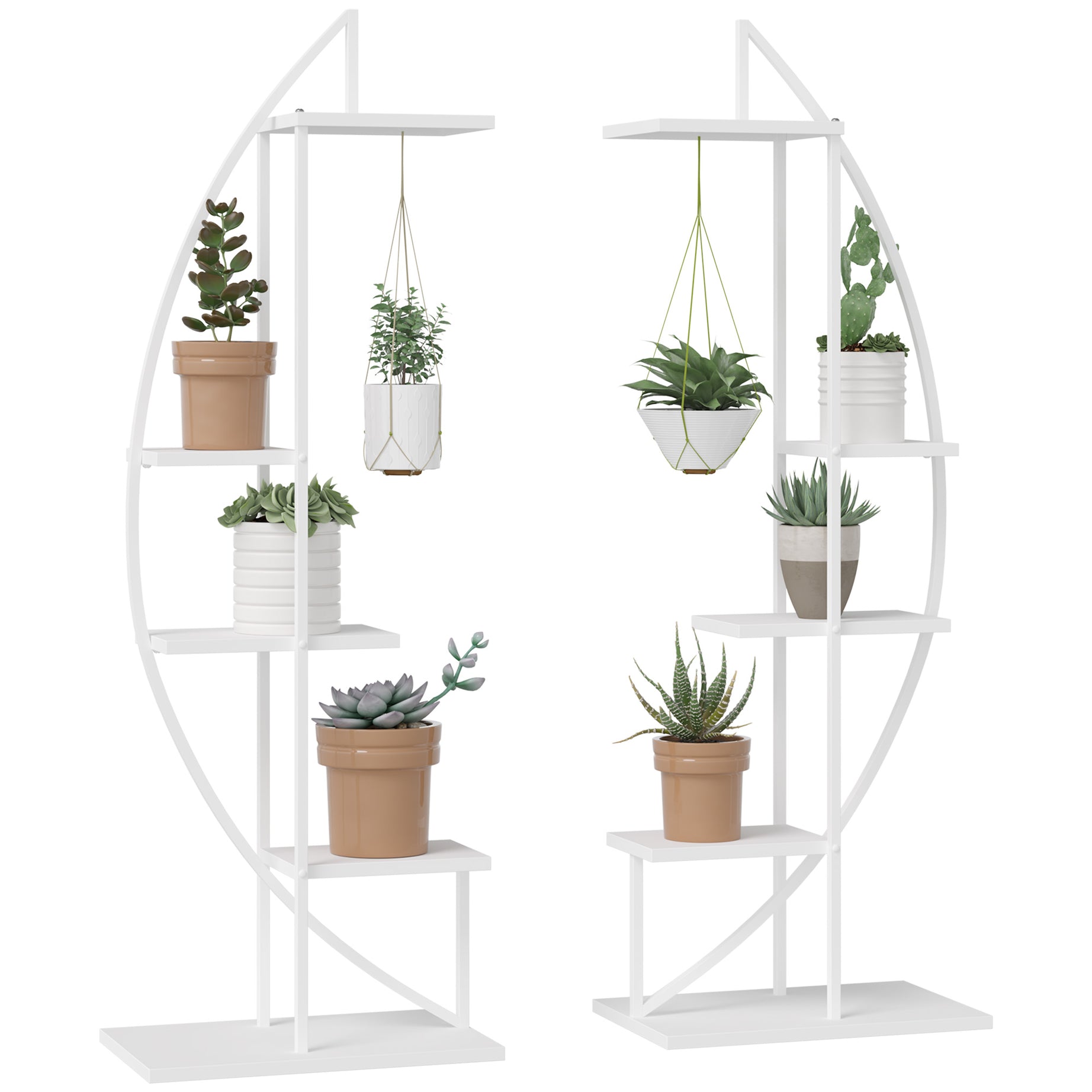 5 Tier Metal Plant Stand with Hangers, Half Moon Shape Flower Pot Display Shelf for Living Room Patio Garden Balcony Decor, White--1